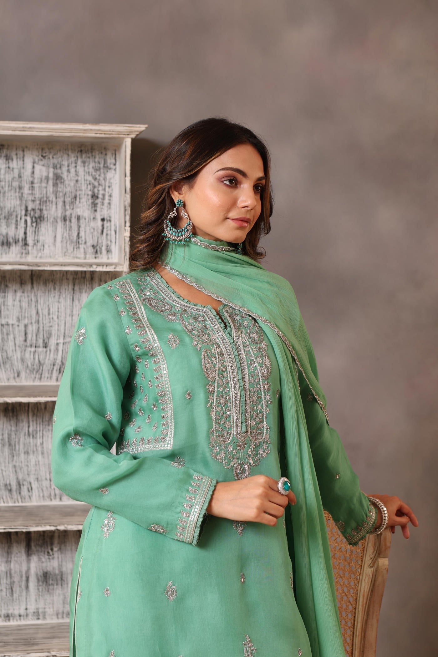 Hand Embroidered Bermuda Green Pure Silk Organza Kurta Pants Set