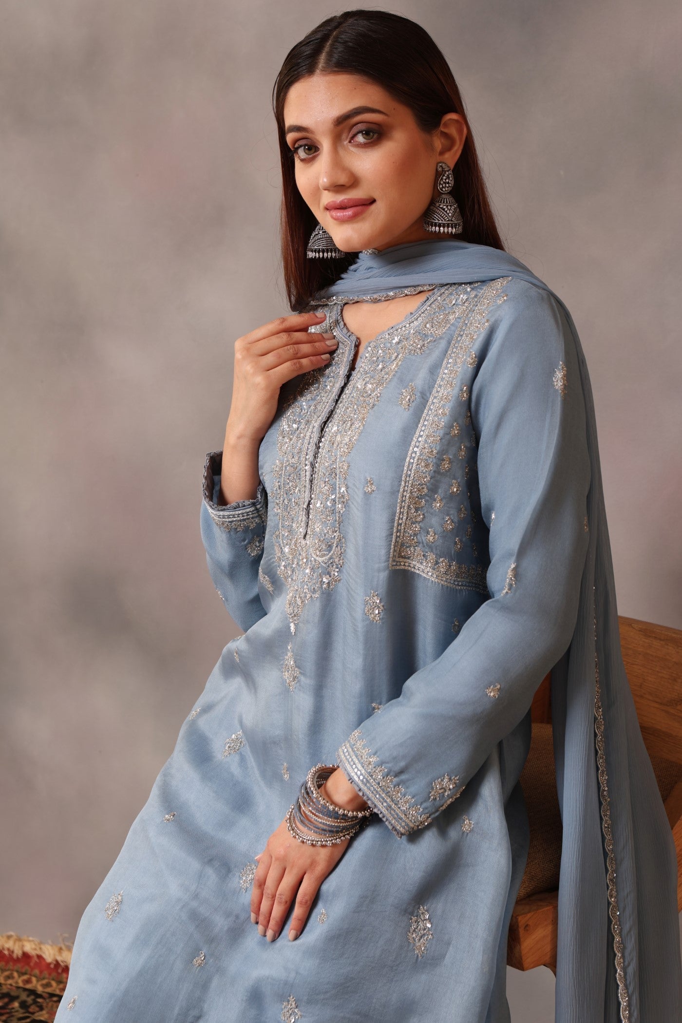 Hand Embroidered Shadow Blue Pure Silk Organza Kurta Pants Set