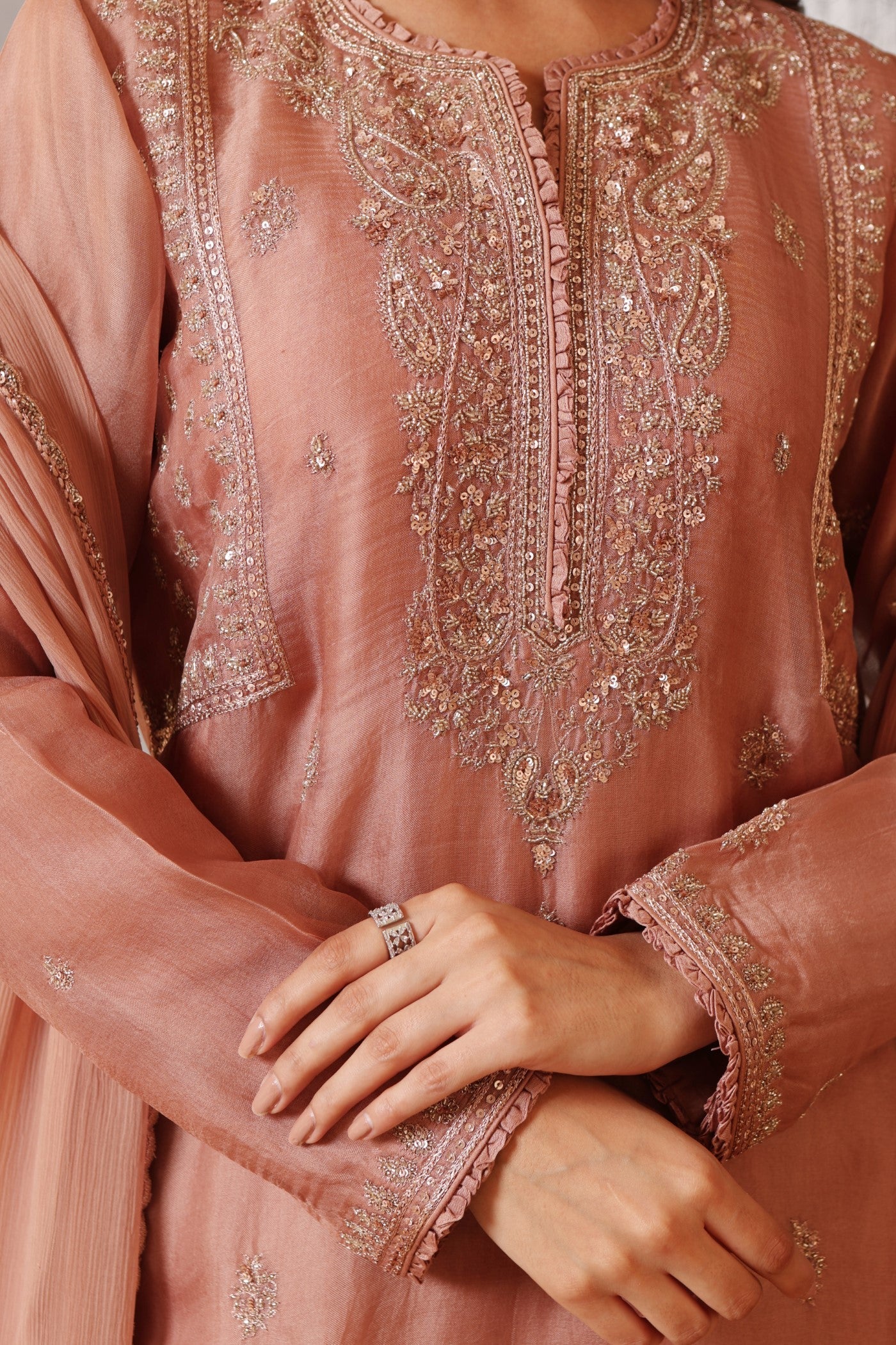 Hand Embroidered Rose Brown Pure Silk Organza Kurta Pants Set