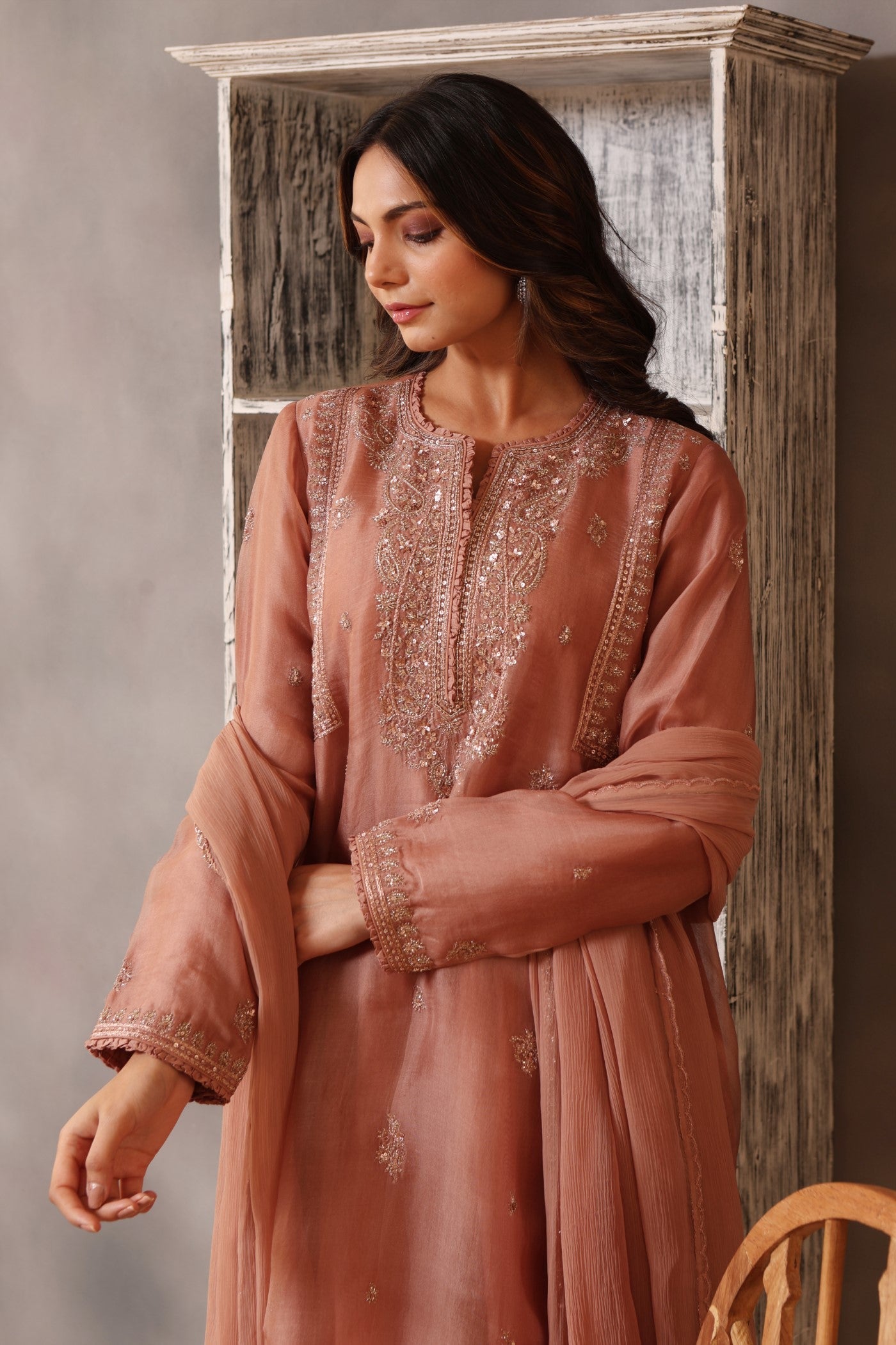 Hand Embroidered Rose Brown Pure Silk Organza Kurta Pants Set