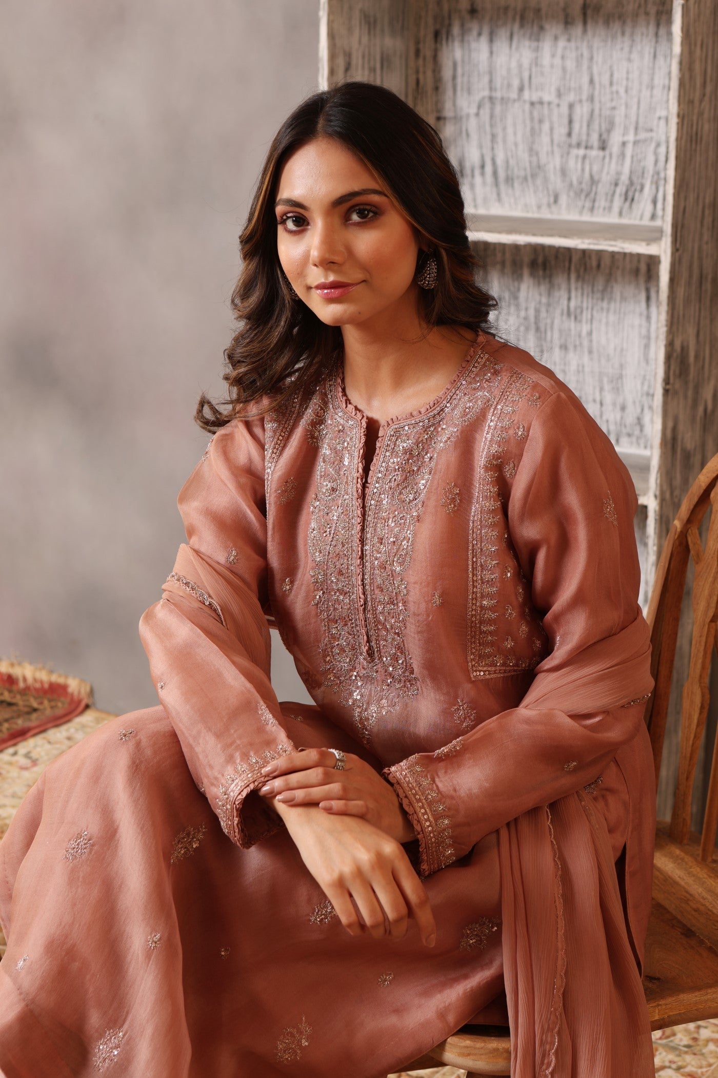 Hand Embroidered Rose Brown Pure Silk Organza Kurta Pants Set