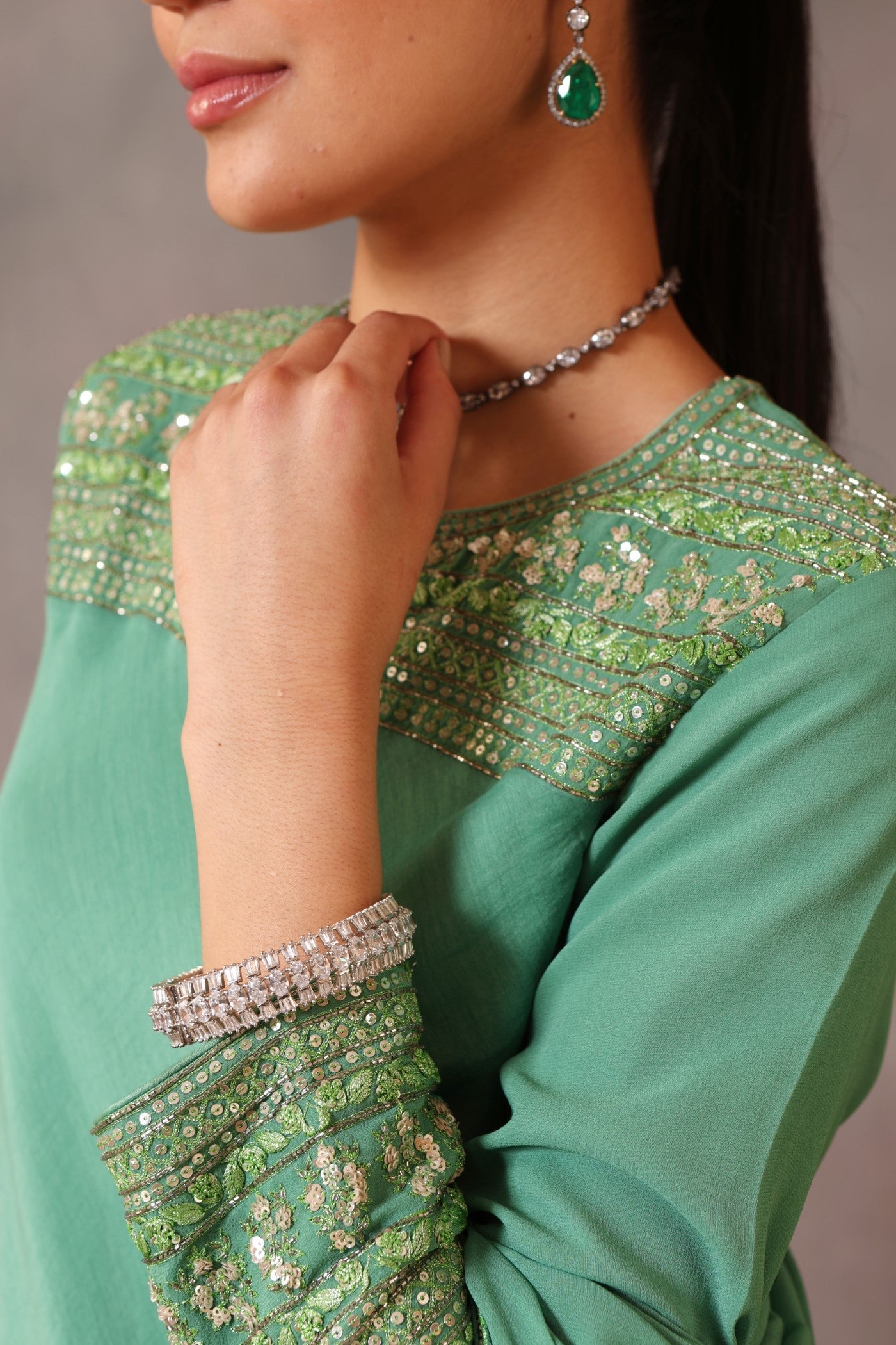 Hand Embroidered Fern Green Pure Silk Cotton Kurta Pants Set