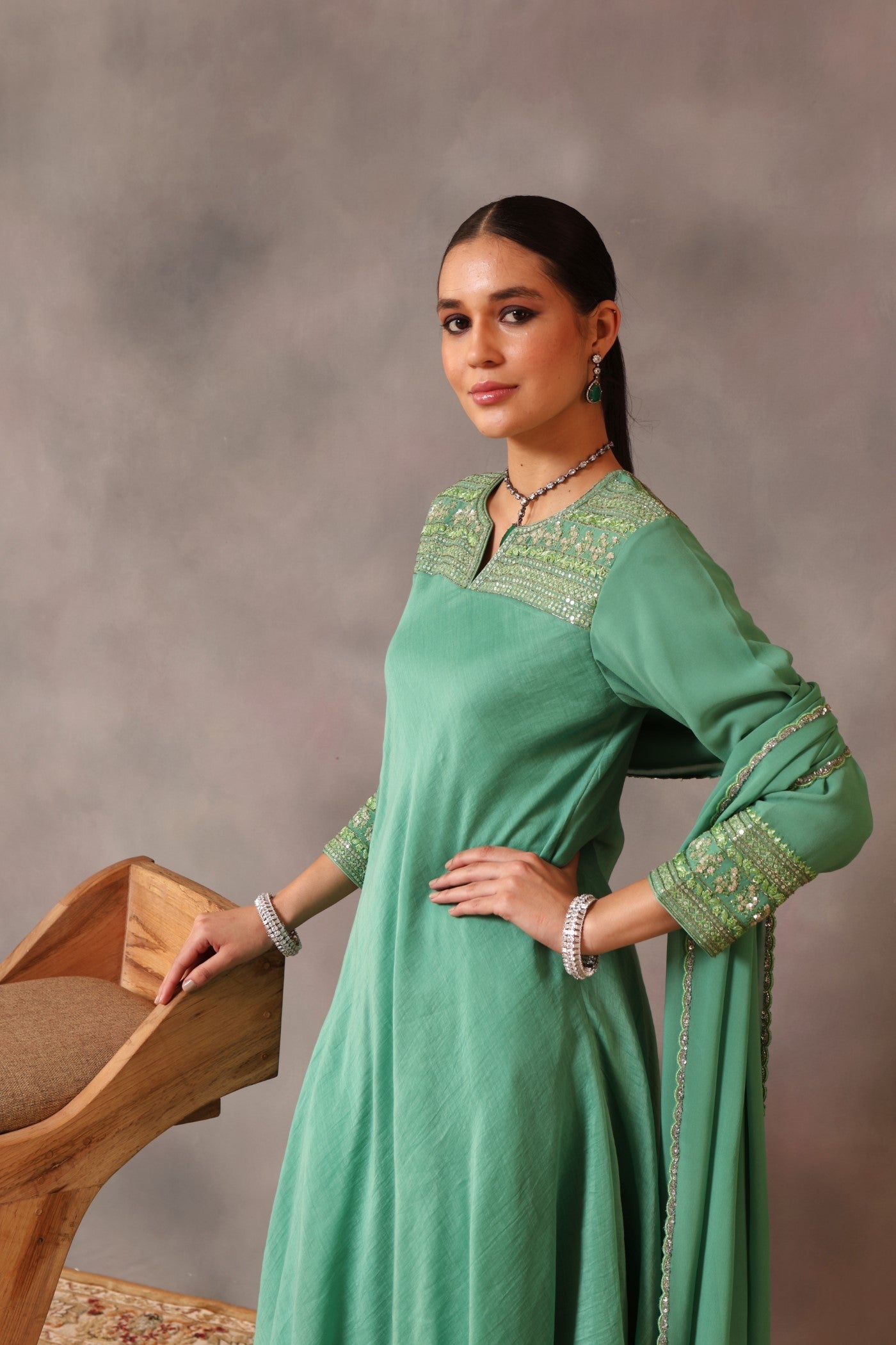 Hand Embroidered Fern Green Pure Silk Cotton Kurta Pants Set