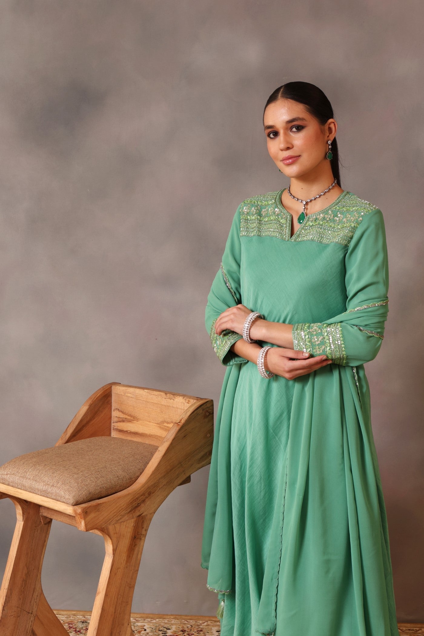 Hand Embroidered Fern Green Pure Silk Cotton Kurta Pants Set