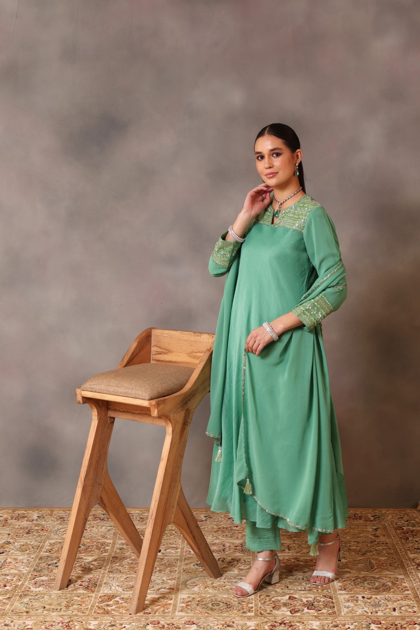Hand Embroidered Fern Green Pure Silk Cotton Kurta Pants Set
