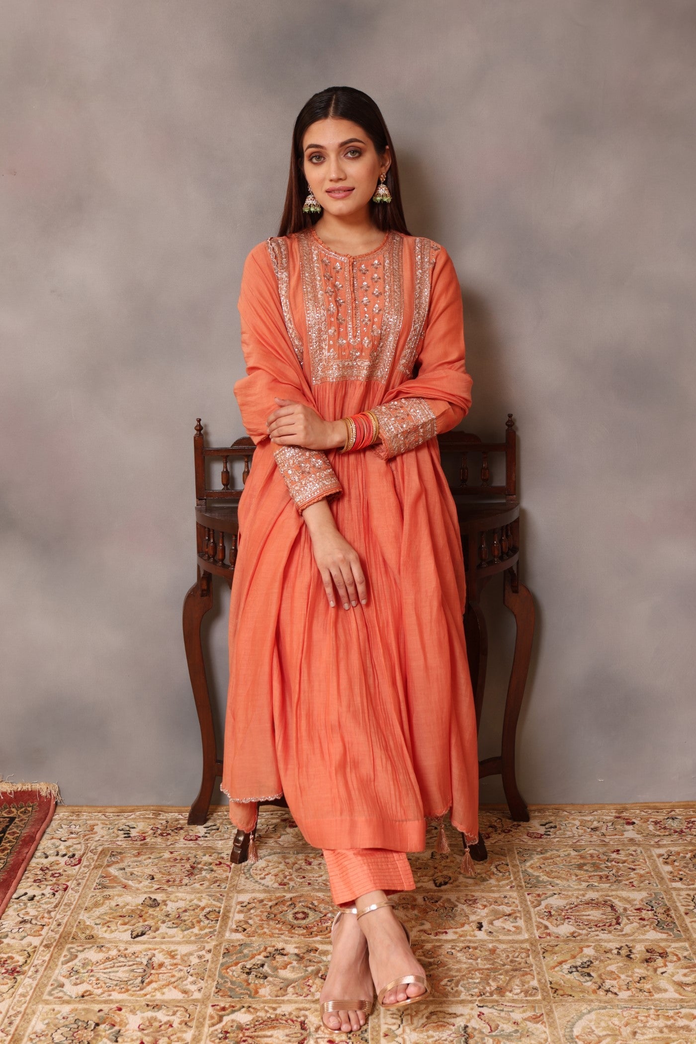 Hand Embroidered Vermillion Orange Pure Silk Cotton Kurta Pants Set