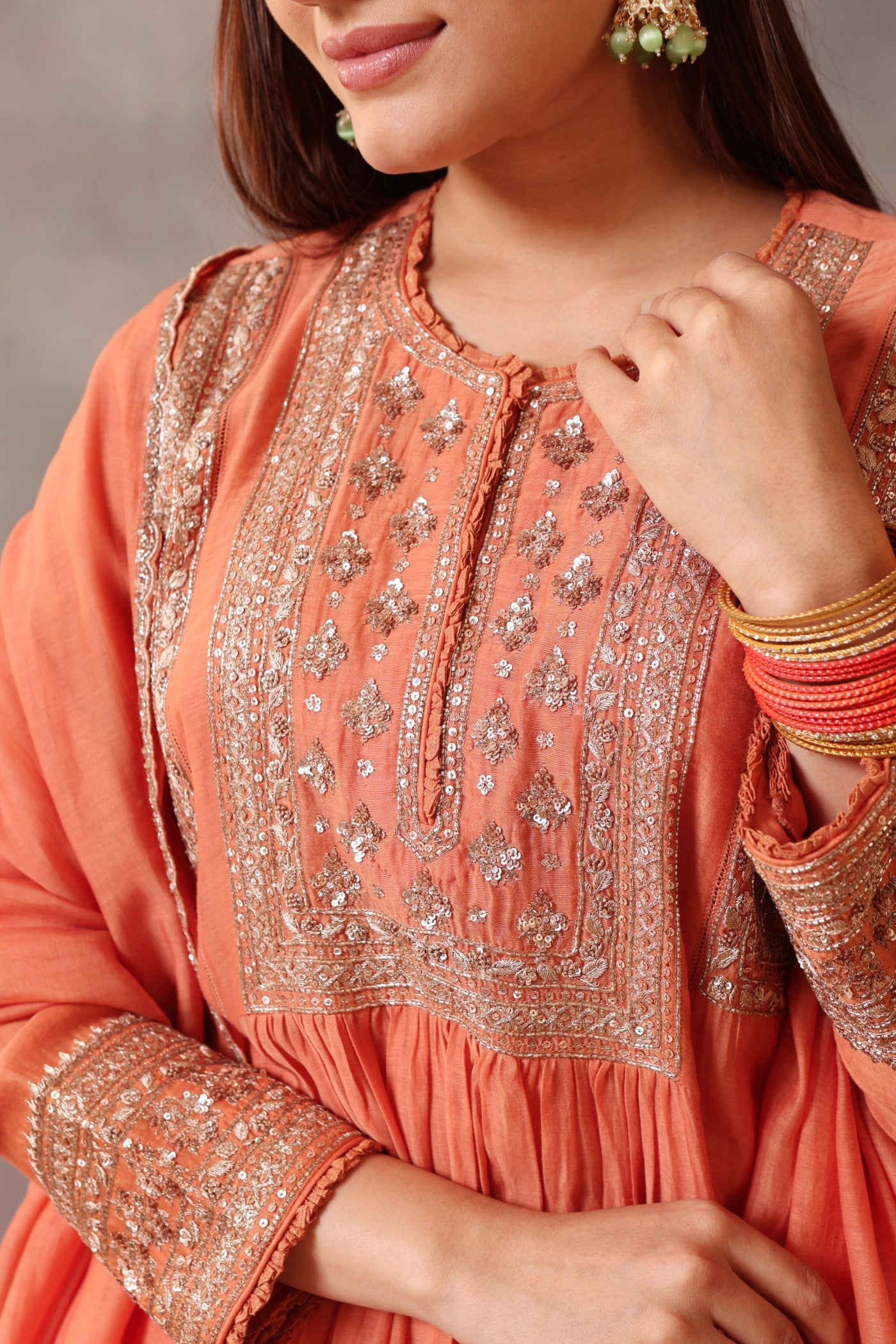 Hand Embroidered Vermillion Orange Pure Silk Cotton Kurta Pants Set