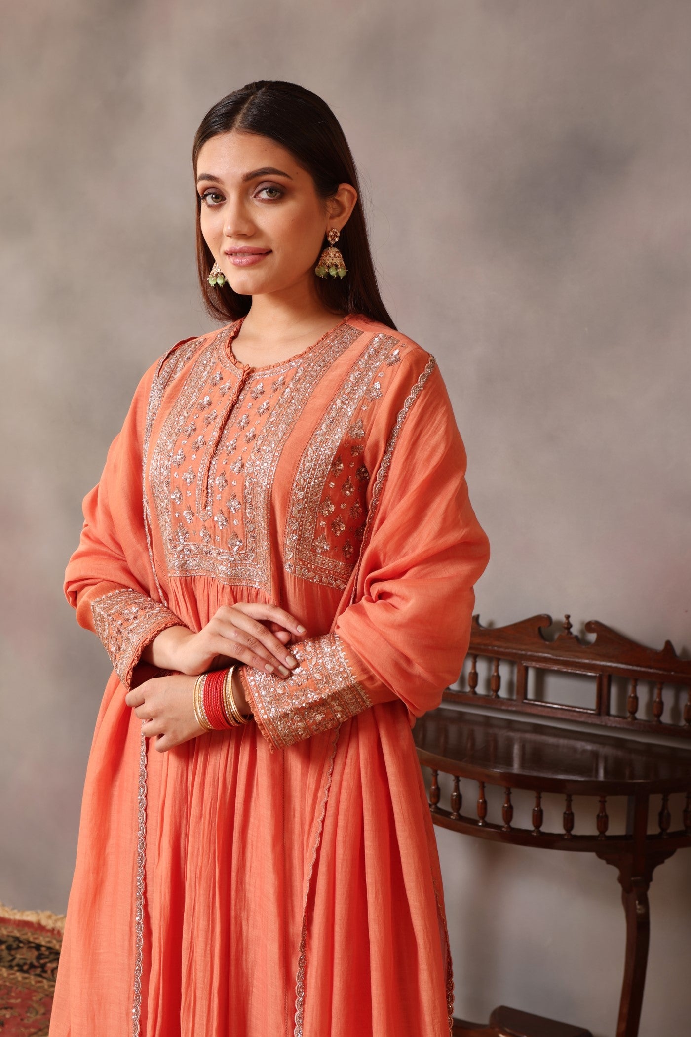 Hand Embroidered Vermillion Orange Pure Silk Cotton Kurta Pants Set