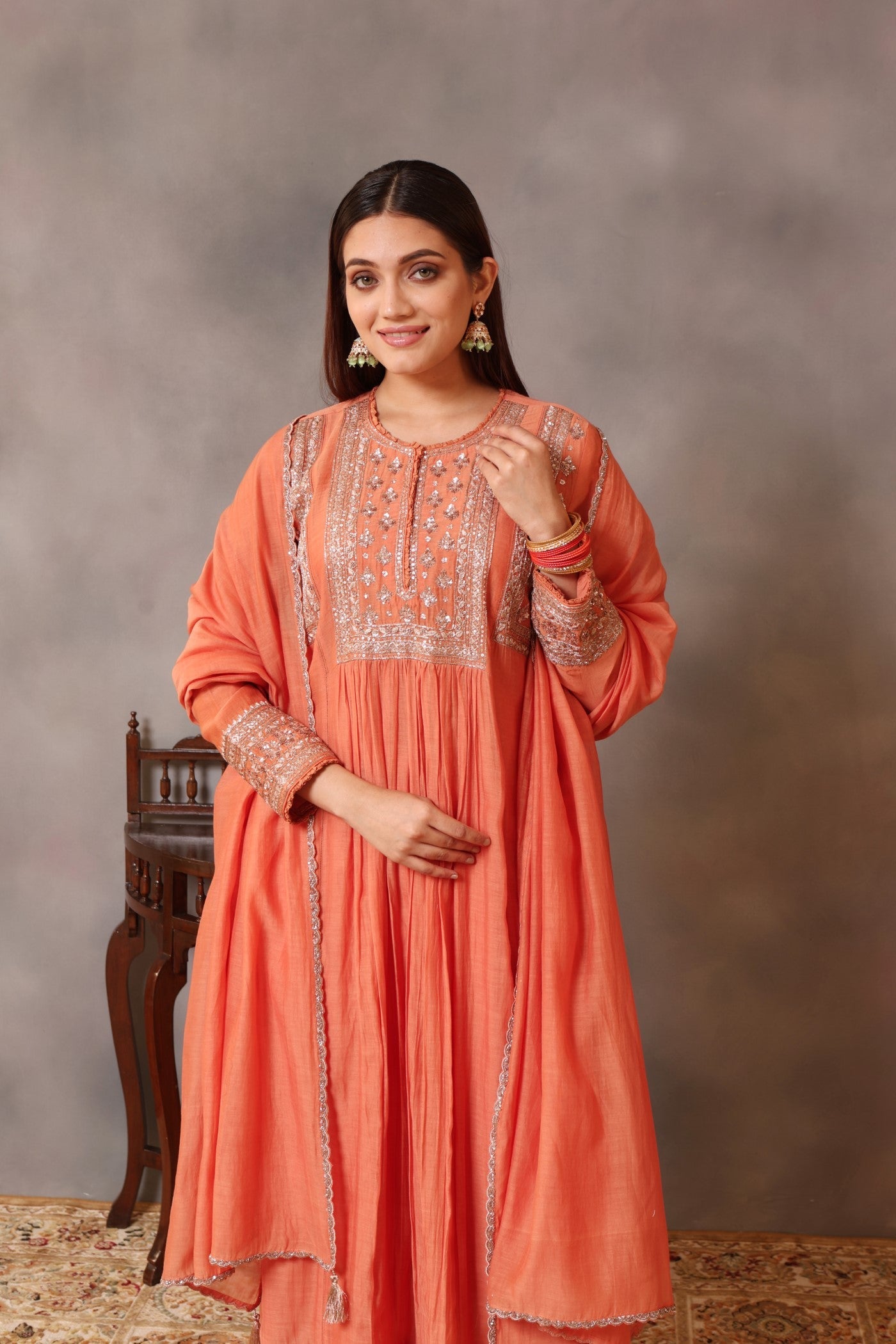 Hand Embroidered Vermillion Orange Pure Silk Cotton Kurta Pants Set