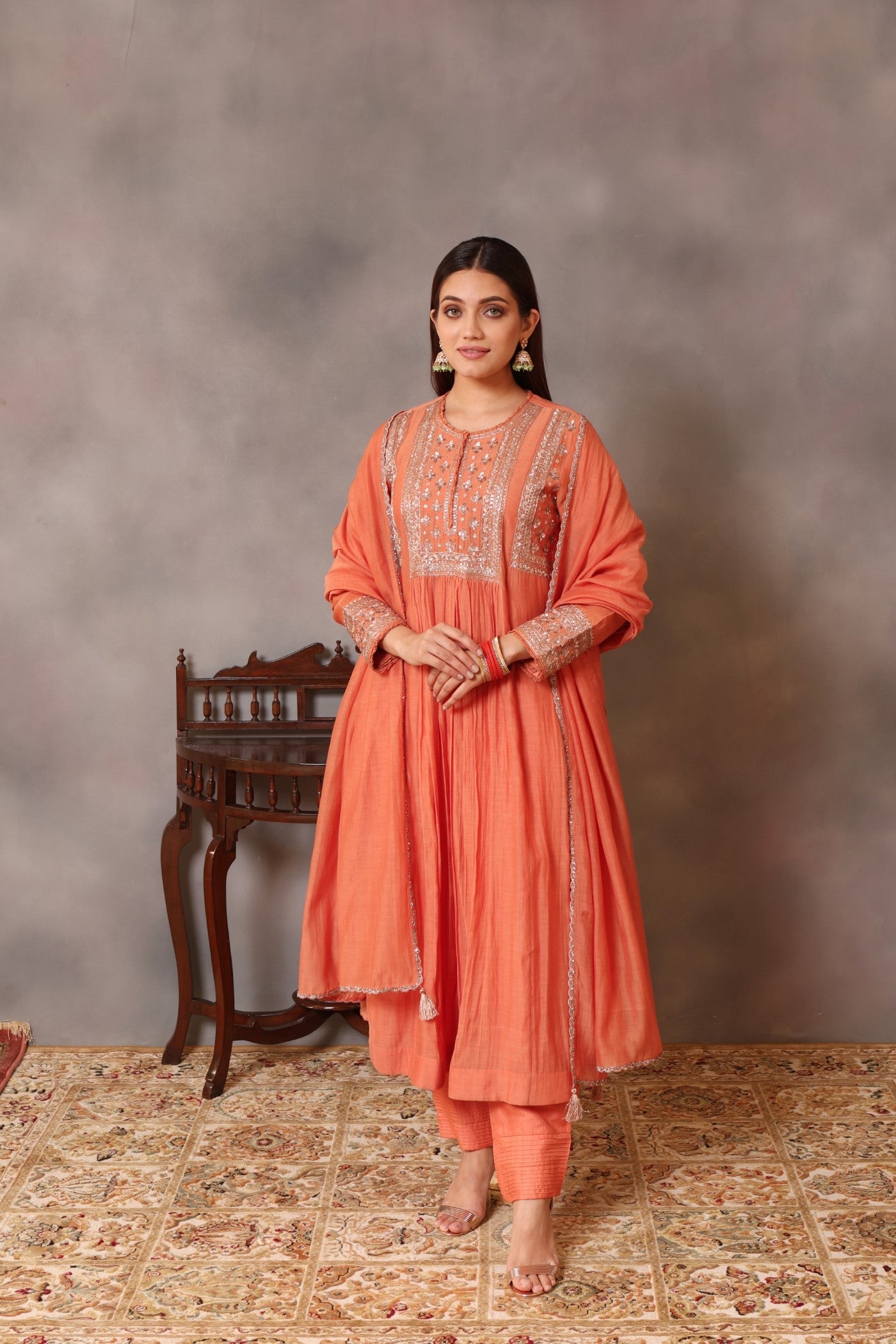 Hand Embroidered Vermillion Orange Pure Silk Cotton Kurta Pants Set