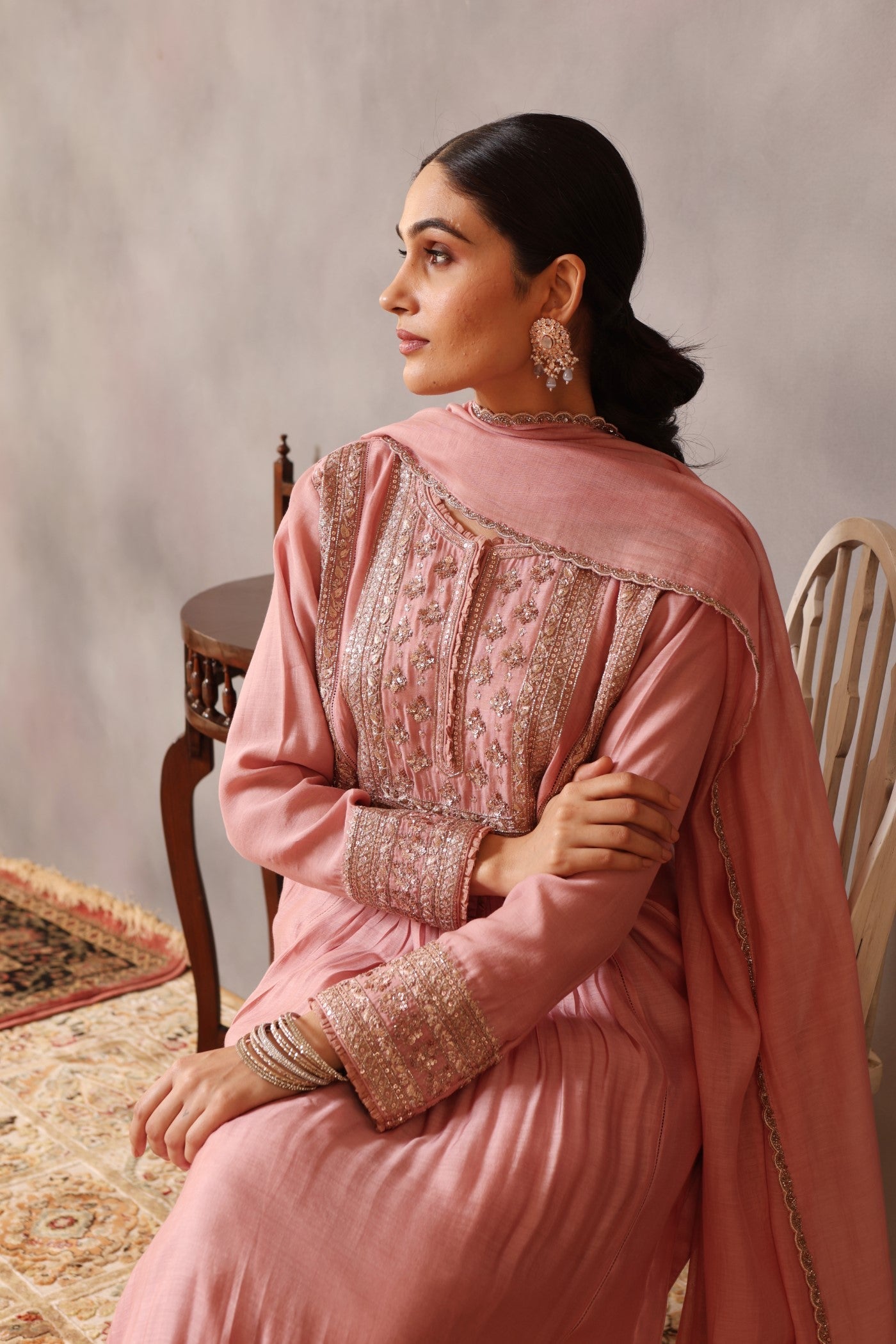 Hand Embroidered Dusty Pink Pure Silk Cotton Kurta Pants Set