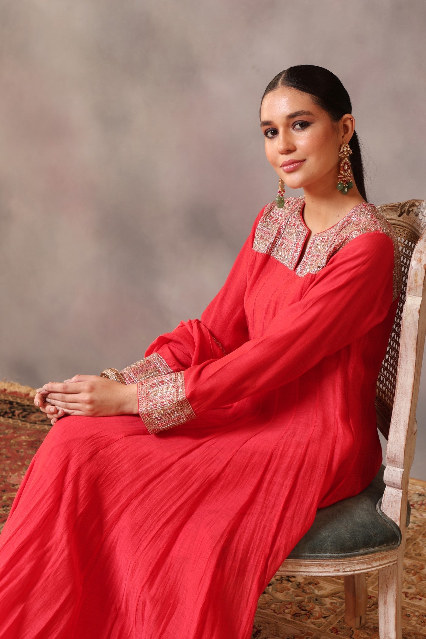Hand Embroidered Tomato Red Pure Cotton Silk Anarkali Pants Set