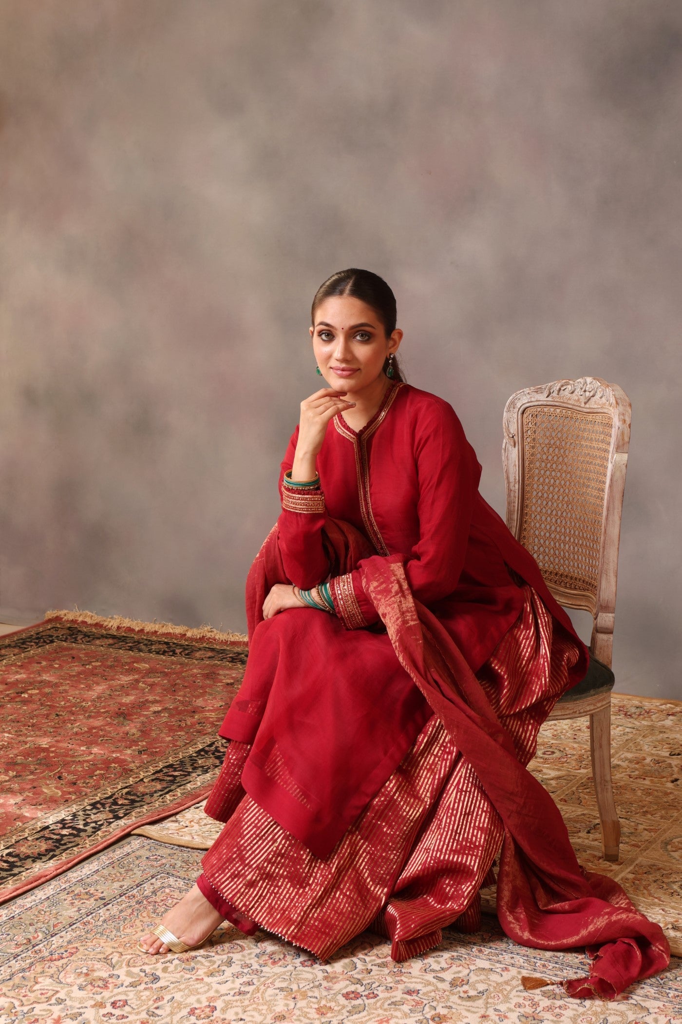 Hand Embroidered Maroon Pure Katan Silk Kurta Sharara Set