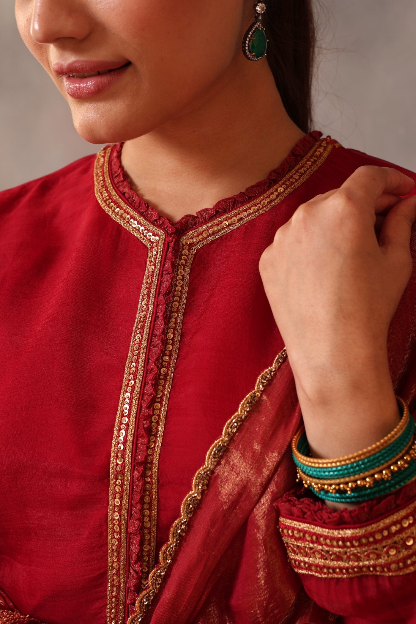 Hand Embroidered Maroon Pure Katan Silk Kurta Sharara Set