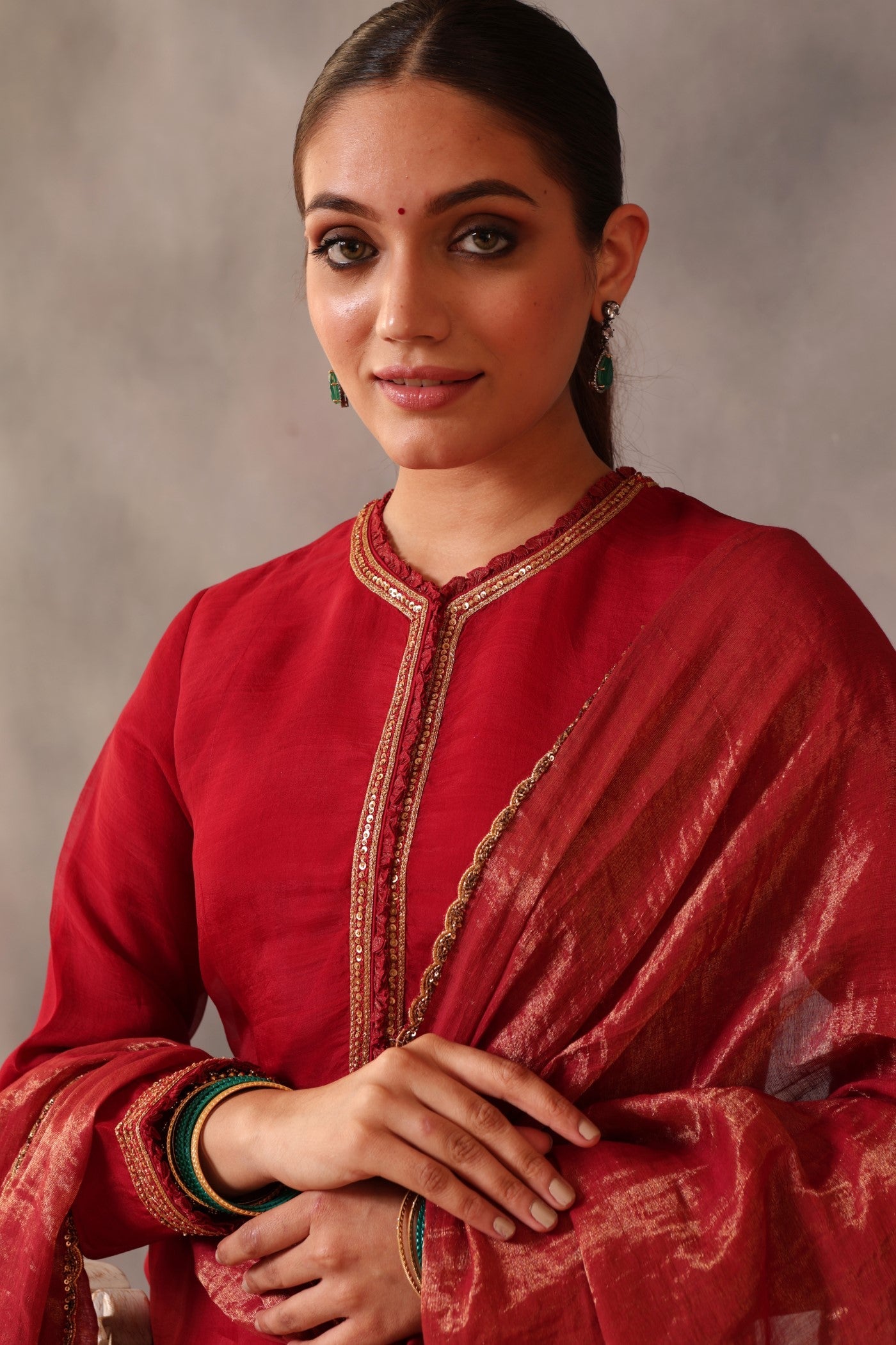 Hand Embroidered Maroon Pure Katan Silk Kurta Sharara Set