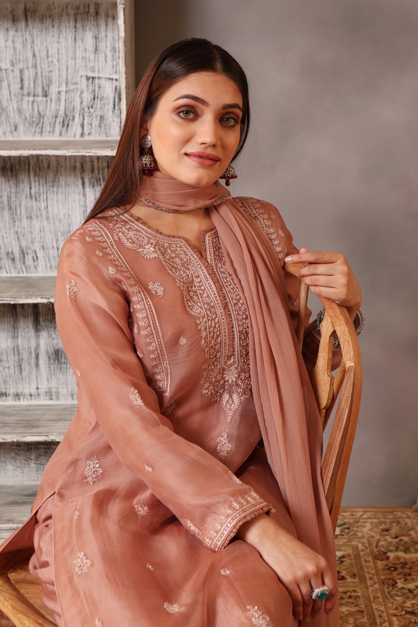 Hand Embroidered Rose Brown Pure Silk Organza Kurta Pants Set