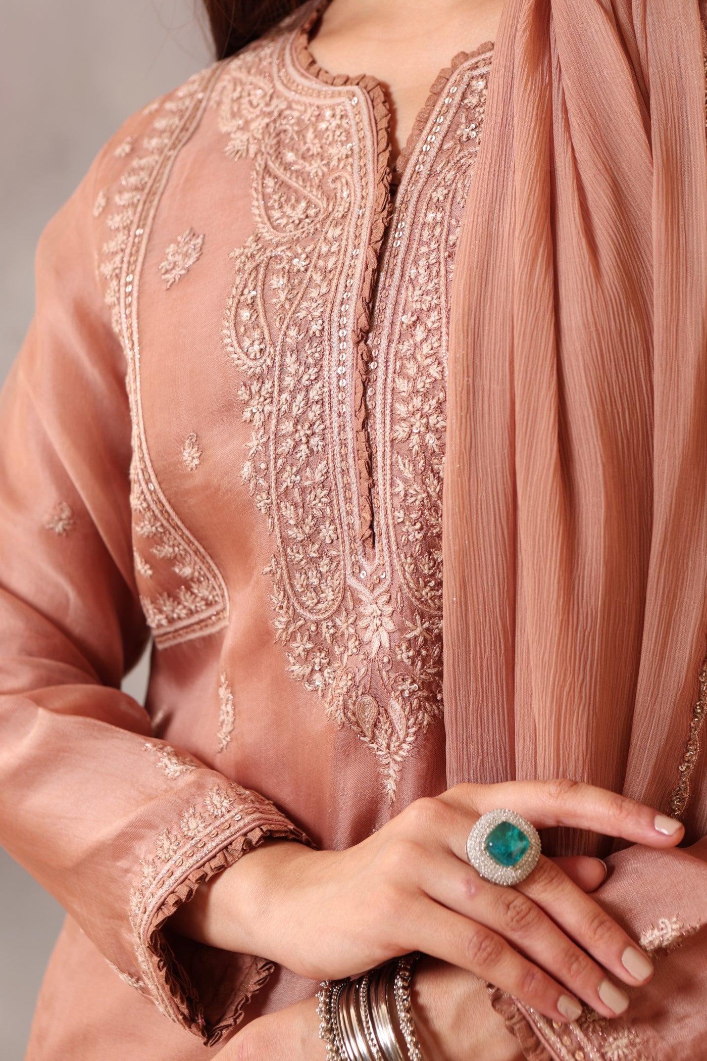 Hand Embroidered Rose Brown Pure Silk Organza Kurta Pants Set