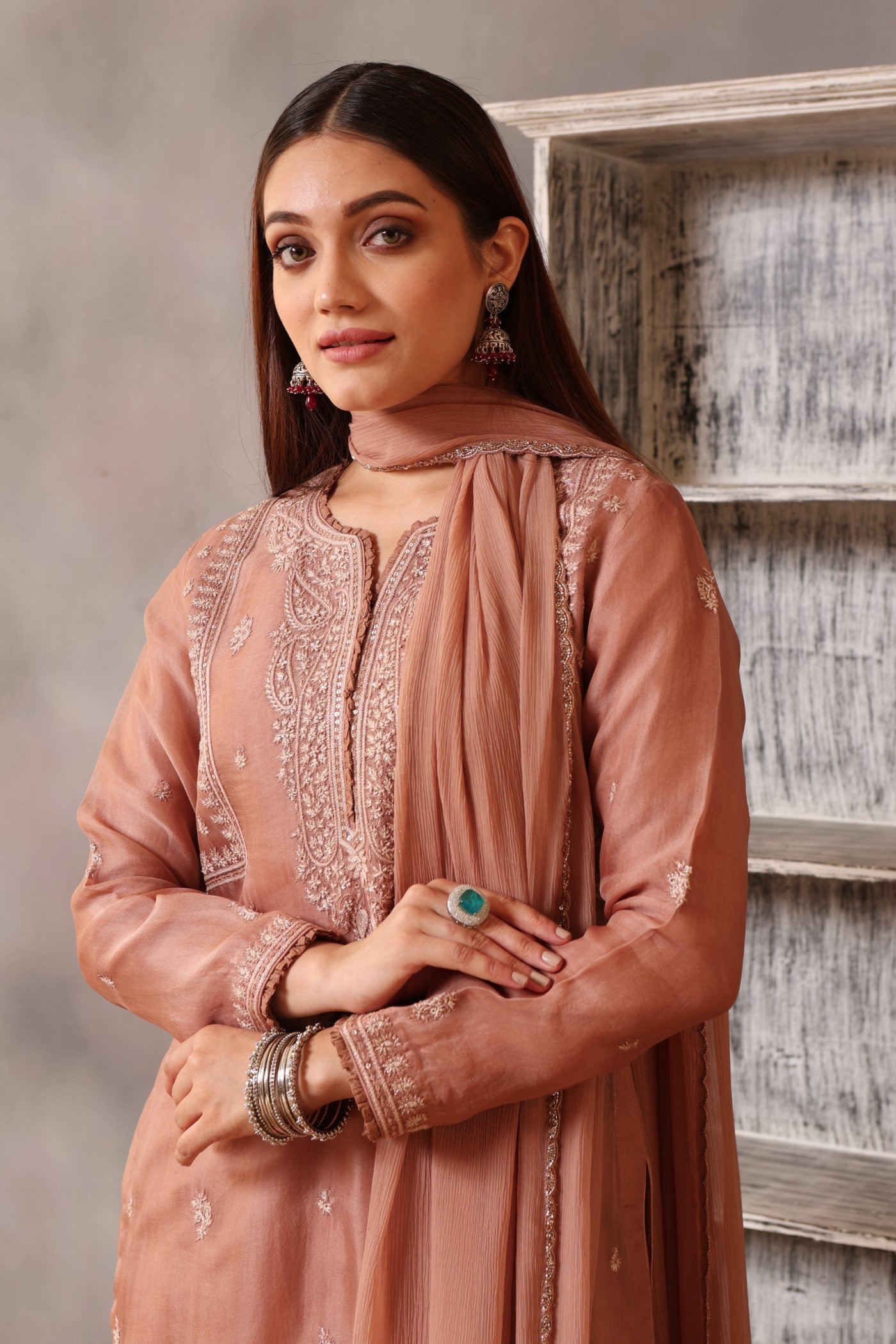 Hand Embroidered Rose Brown Pure Silk Organza Kurta Pants Set