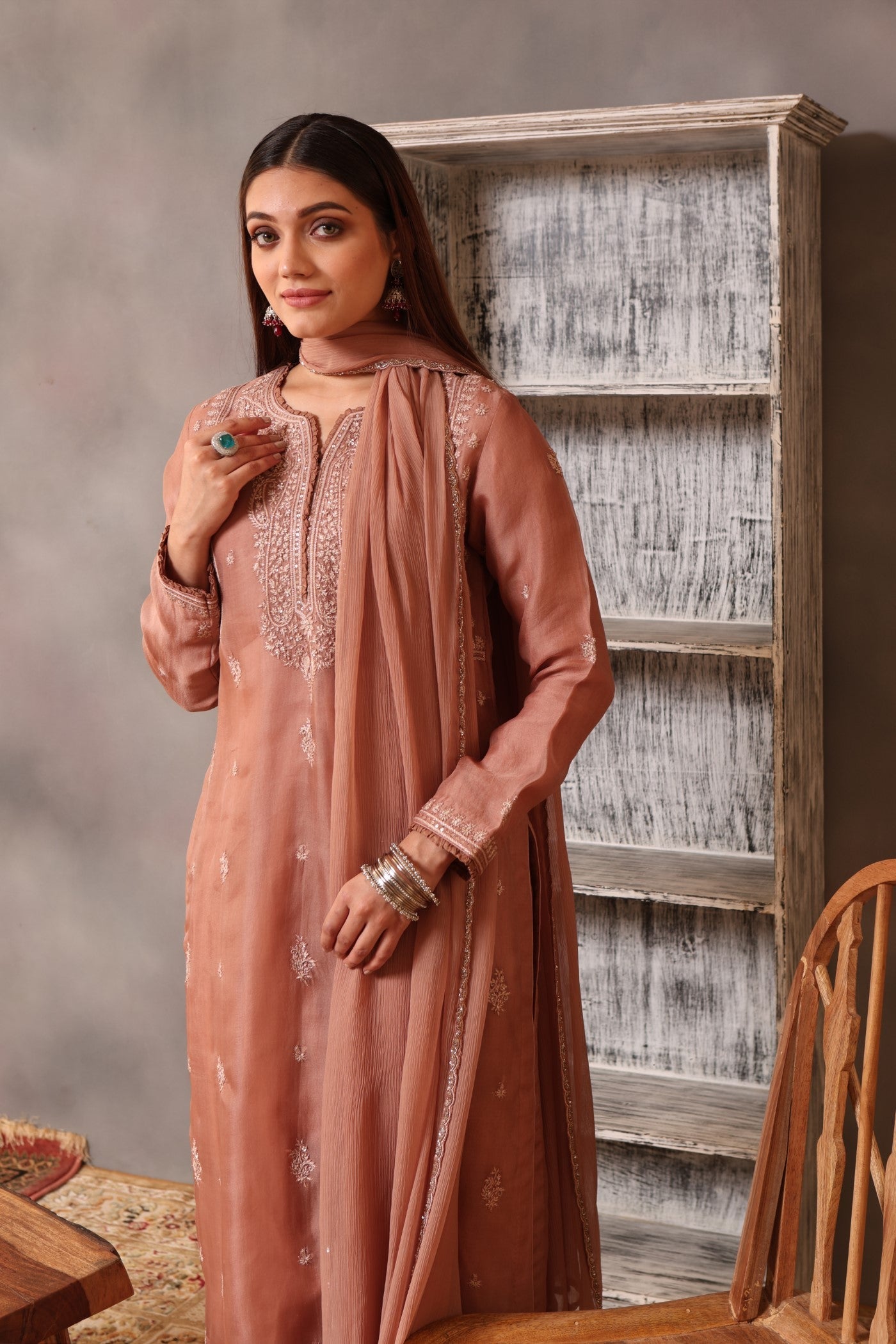 Hand Embroidered Rose Brown Pure Silk Organza Kurta Pants Set