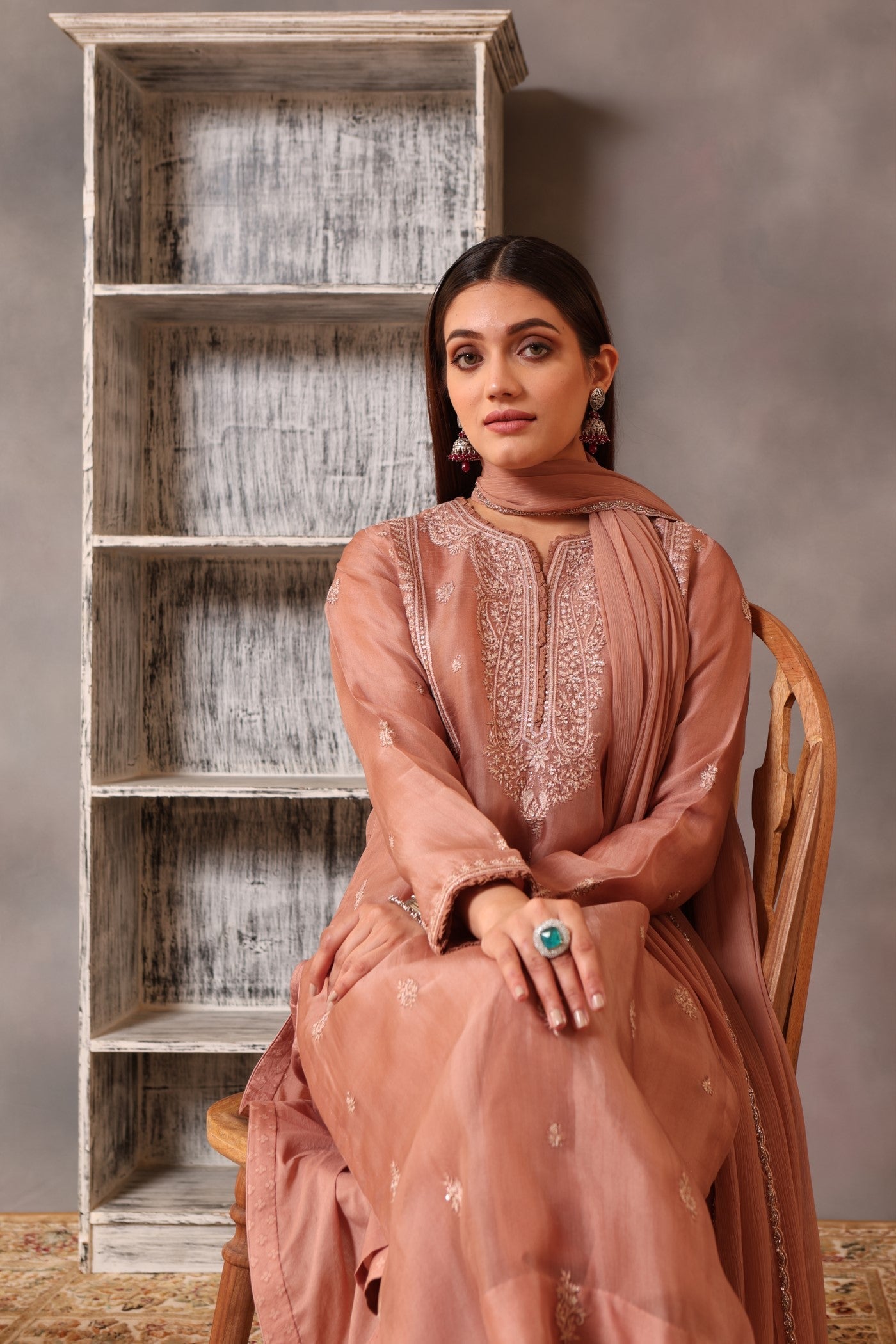 Hand Embroidered Rose Brown Pure Silk Organza Kurta Pants Set