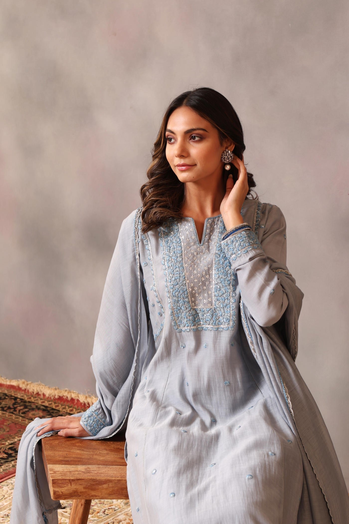 Hand Embroidered Shadow Blue Pure Silk Cotton Kurta Pants Set