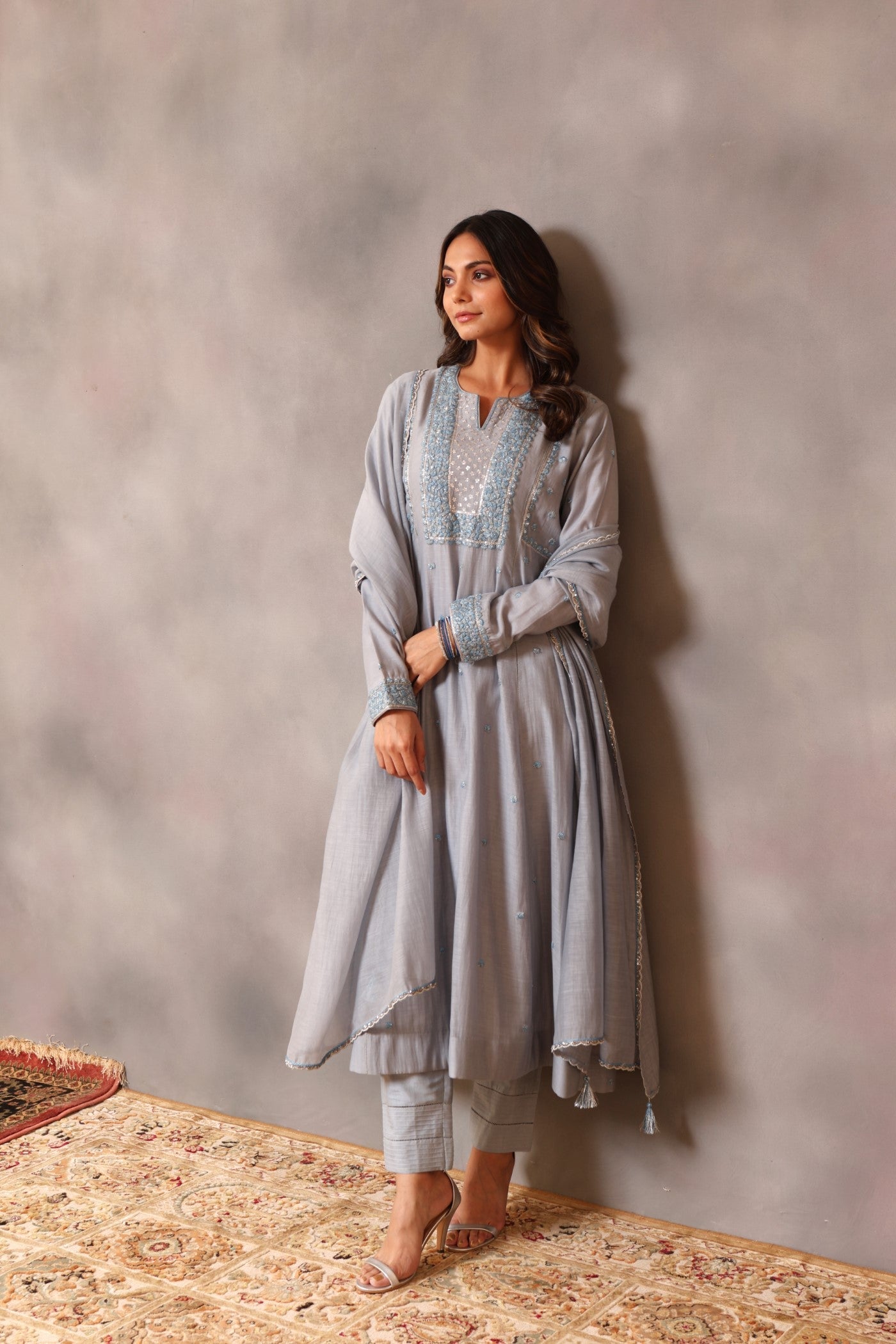 Hand Embroidered Shadow Blue Pure Silk Cotton Kurta Pants Set