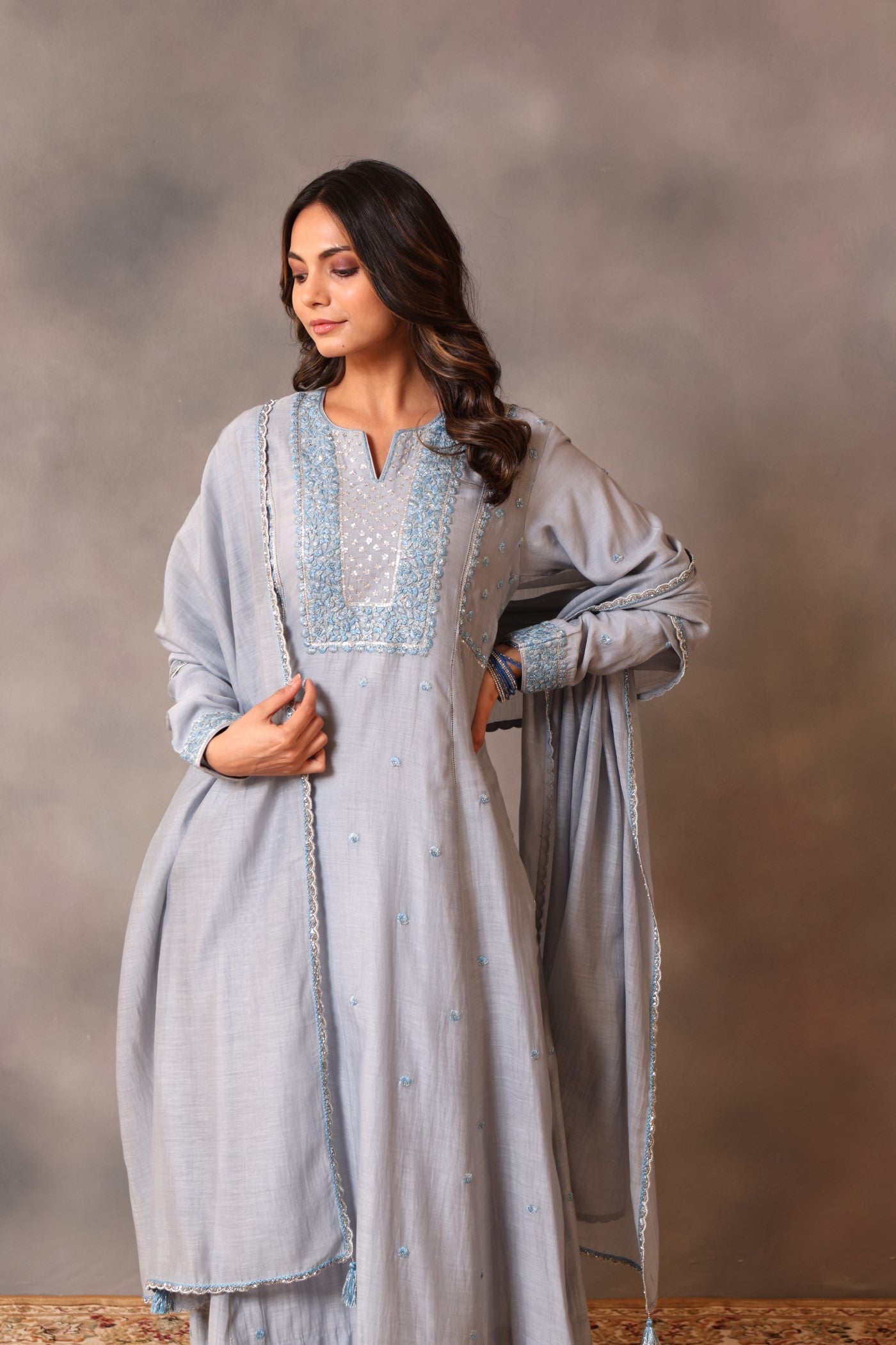 Hand Embroidered Shadow Blue Pure Silk Cotton Kurta Pants Set