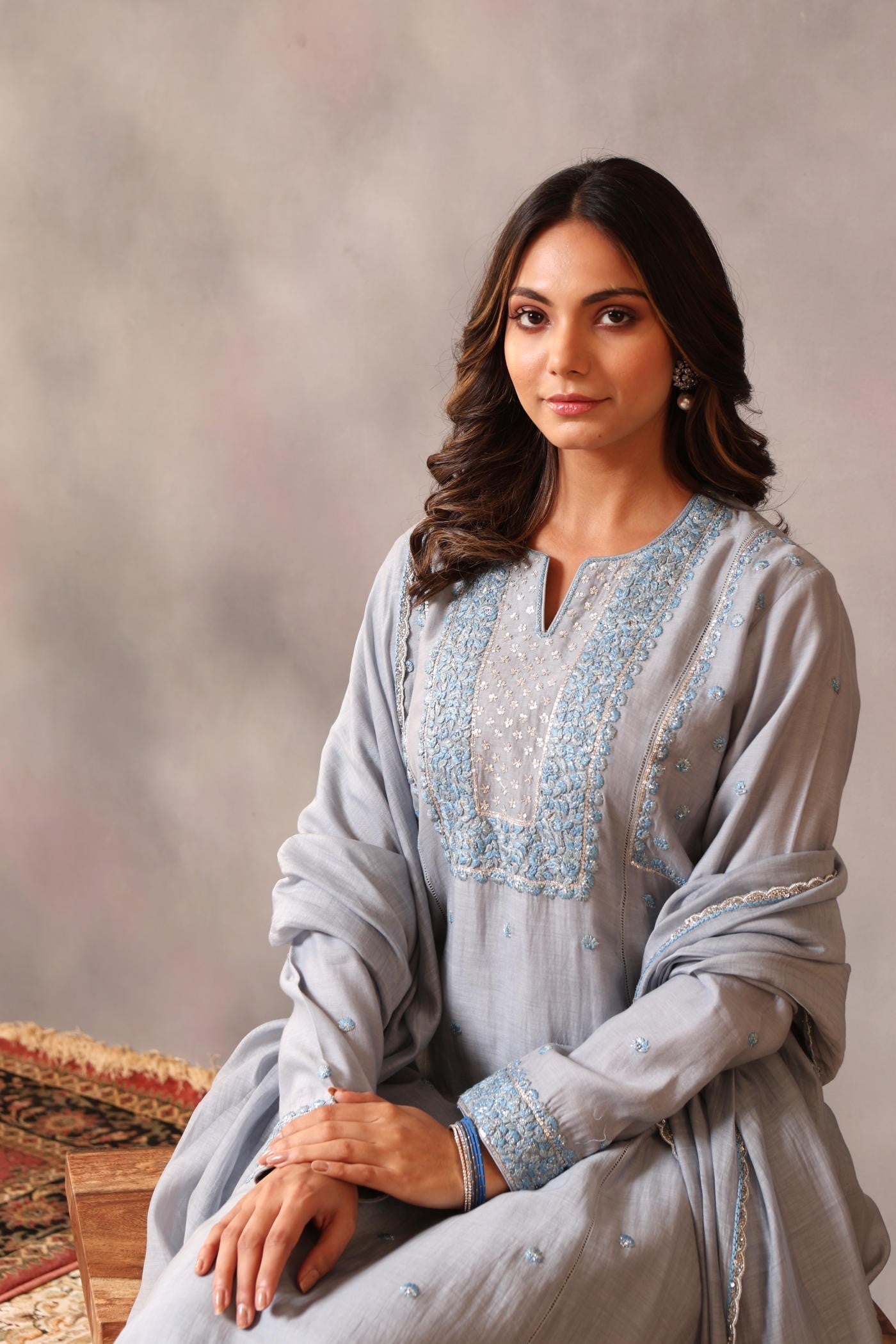 Hand Embroidered Shadow Blue Pure Silk Cotton Kurta Pants Set