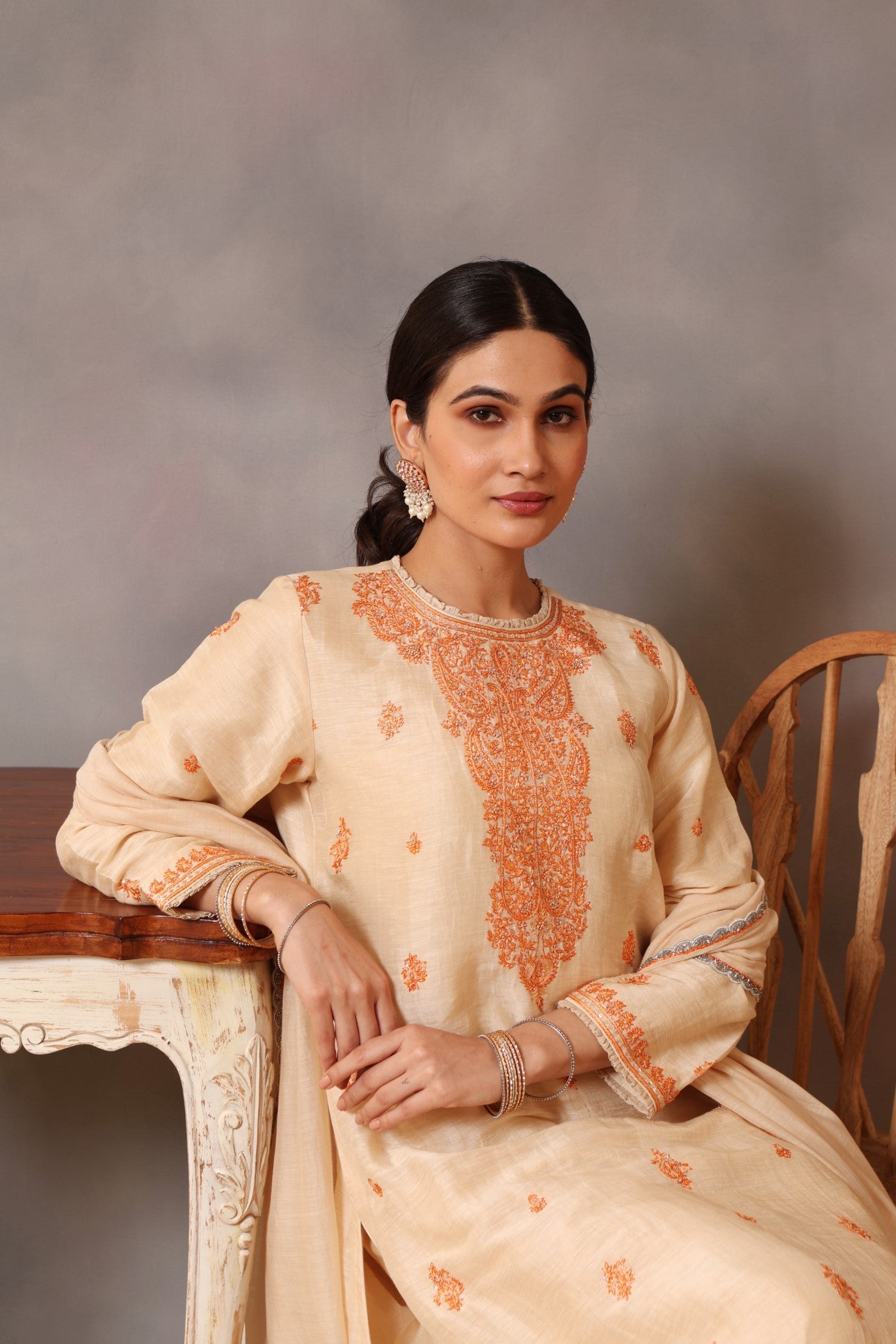 Hand Embroidered Ecru Pure Silk Linen Kurta Pants Set (Orange Embroidery 1)