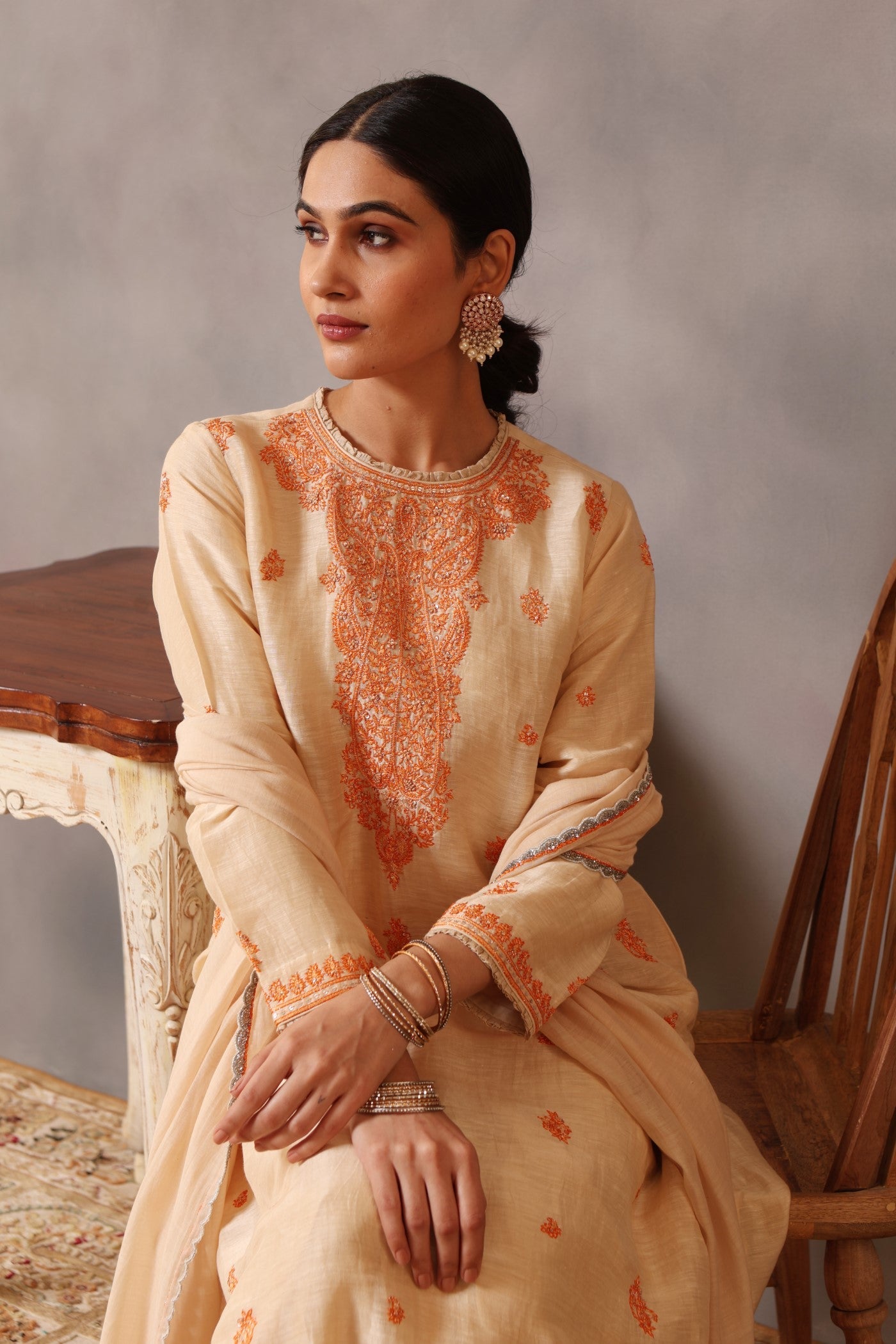 Hand Embroidered Ecru Pure Silk Linen Kurta Pants Set (Orange Embroidery 1)