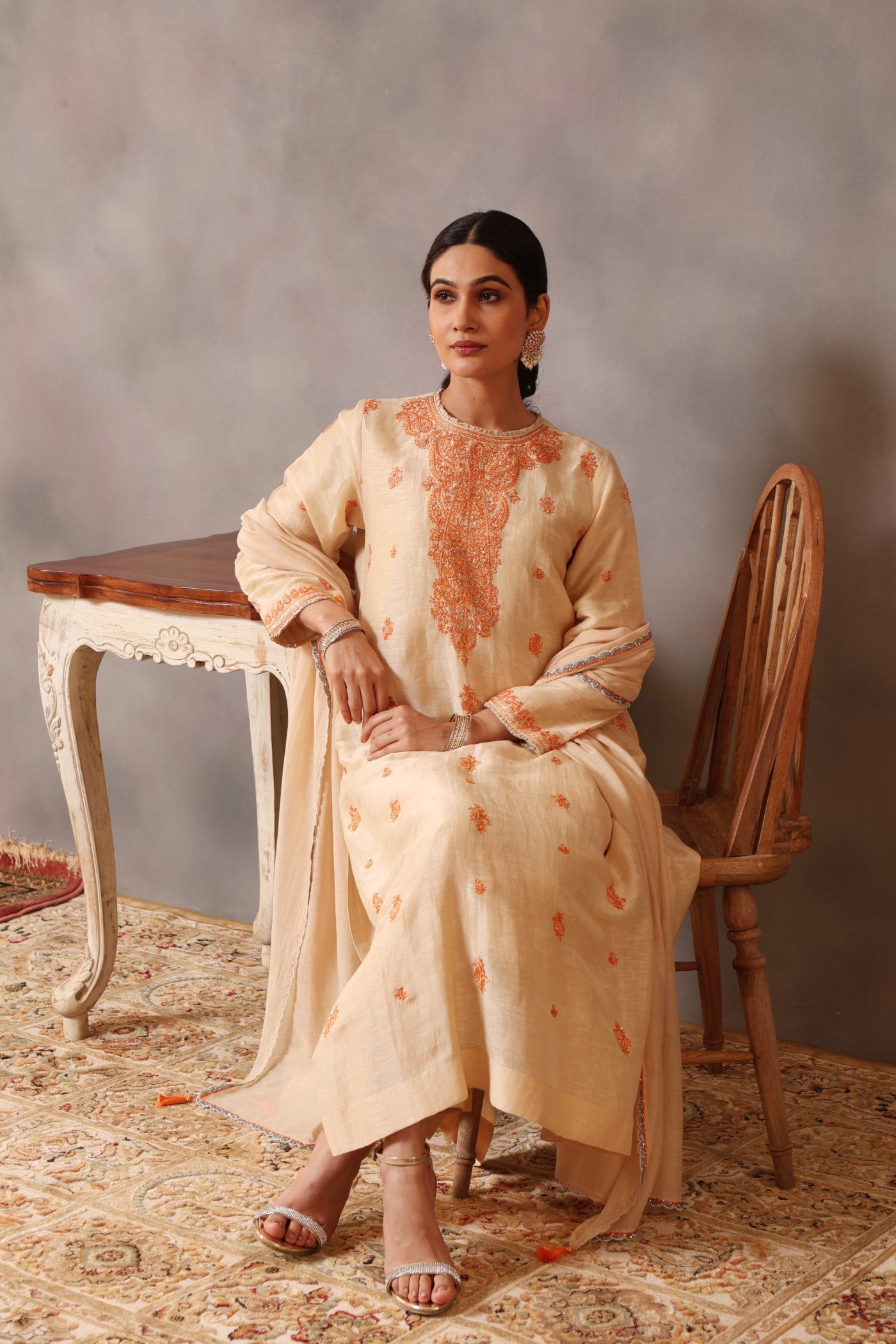 Hand Embroidered Ecru Pure Silk Linen Kurta Pants Set (Orange Embroidery 1)