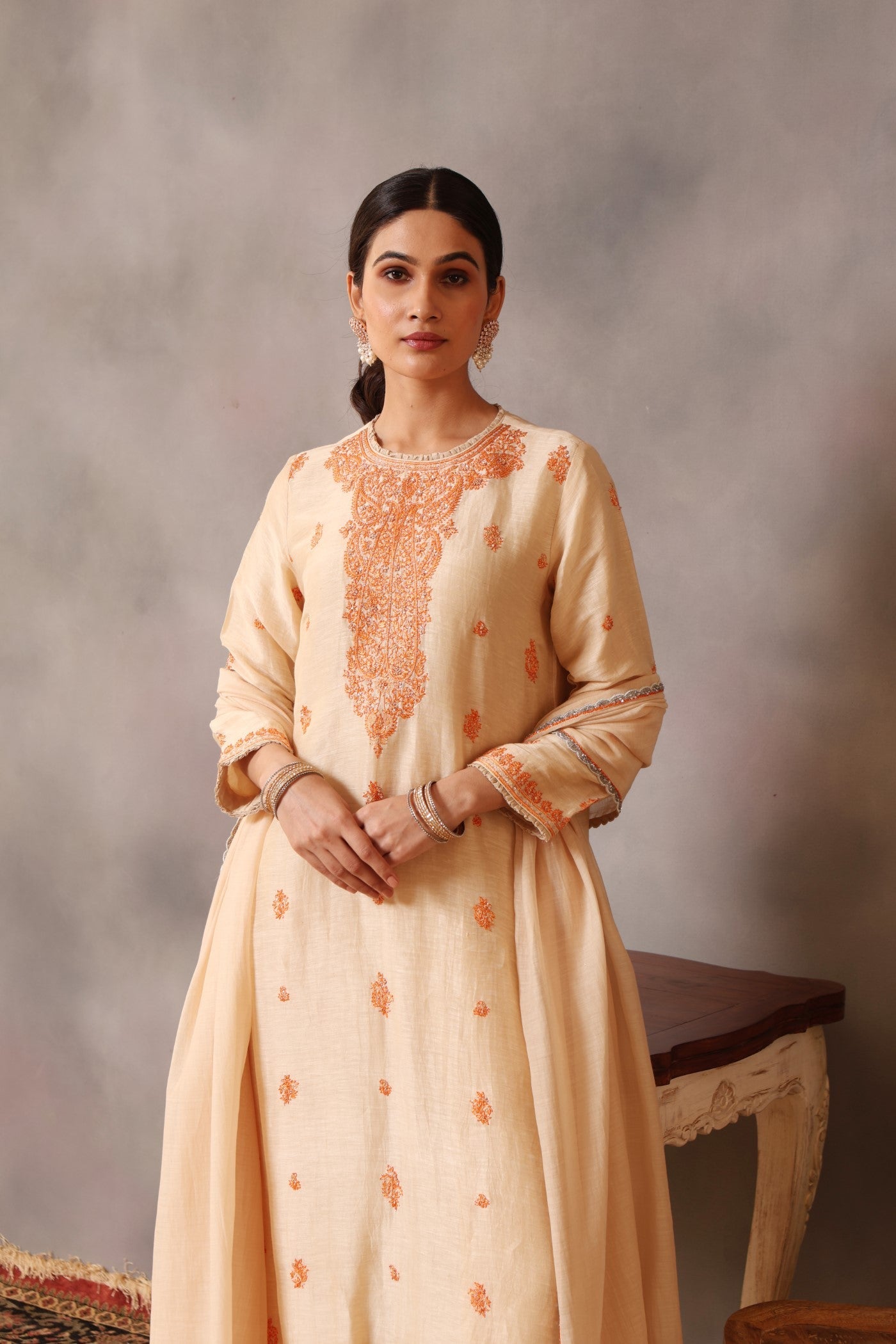 Hand Embroidered Ecru Pure Silk Linen Kurta Pants Set (Orange Embroidery 1)