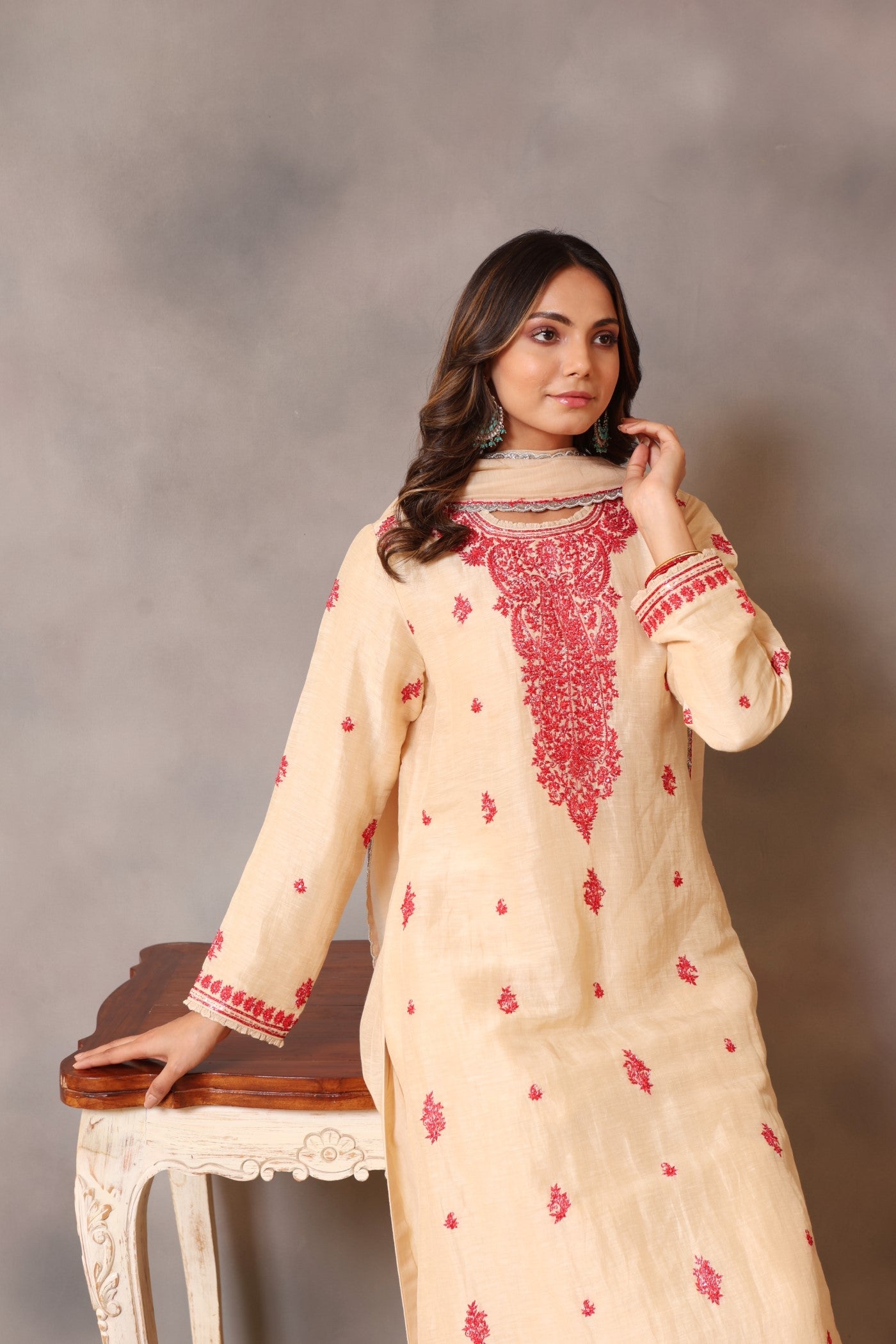 Hand Embroidered Ecru Pure Silk Linen Kurta Pants Set (Red Embroidery 2)