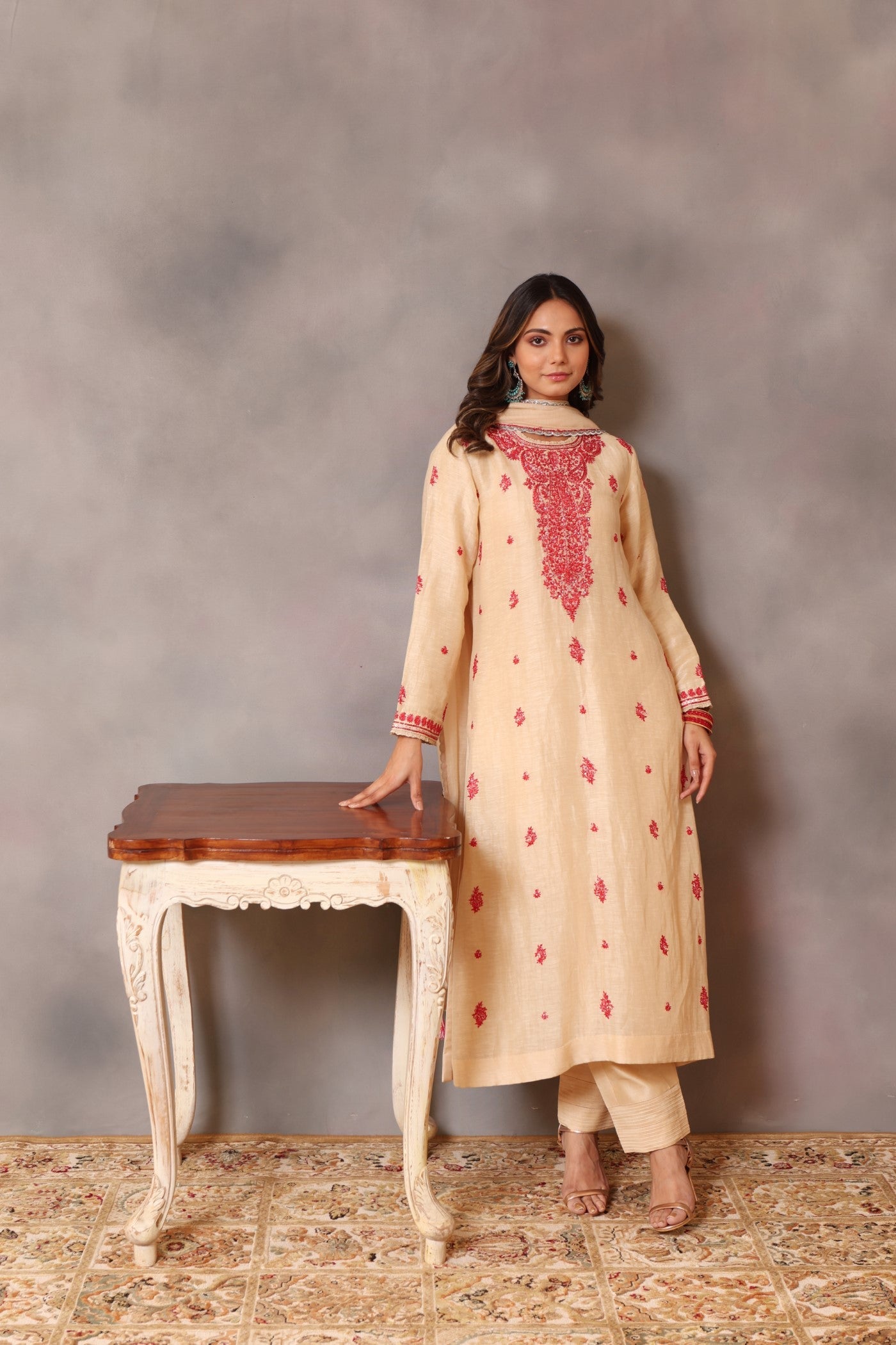 Hand Embroidered Ecru Pure Silk Linen Kurta Pants Set (Red Embroidery 2)