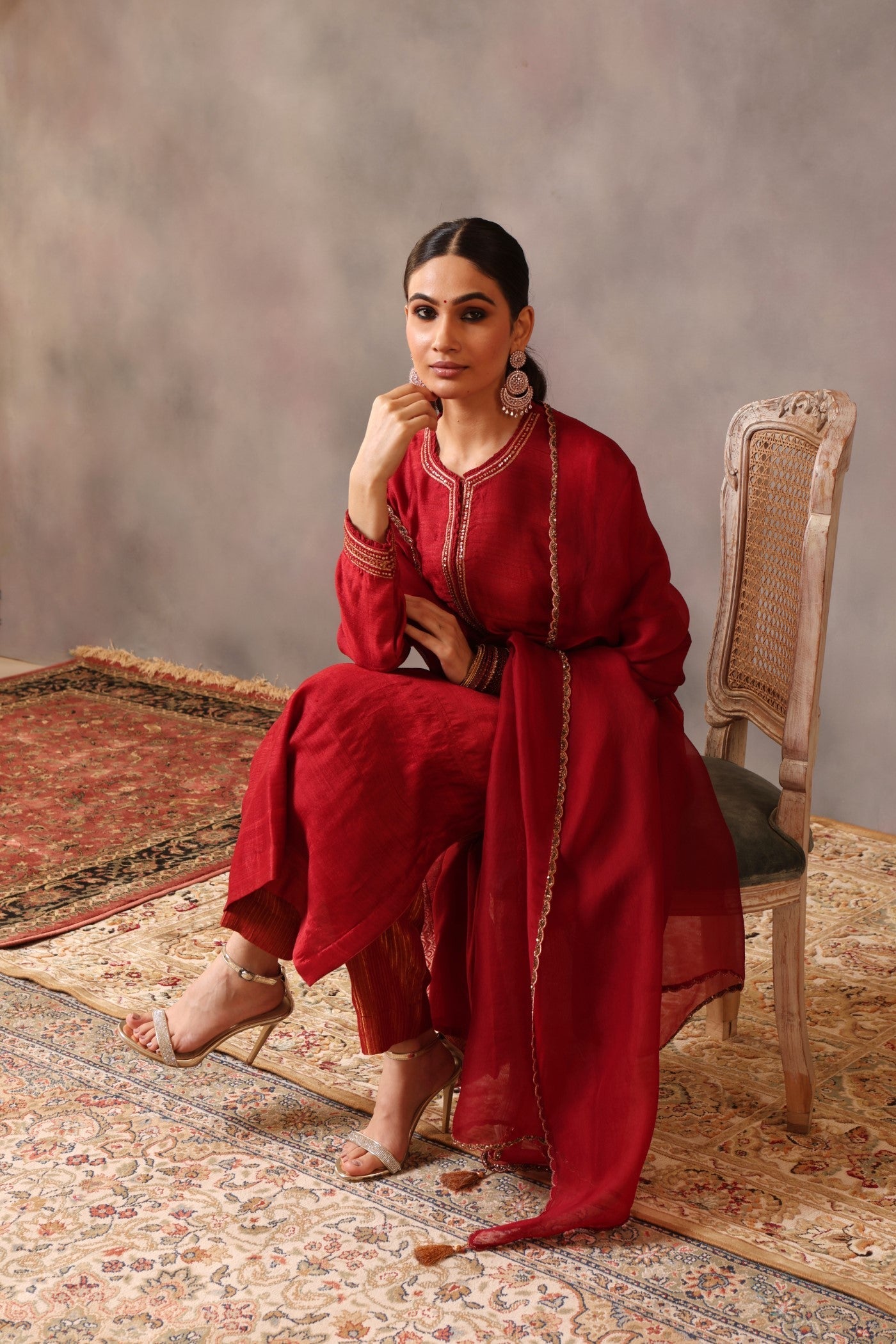 Hand Embroidered Haute Red Pure Tussar Georgette Kurta Pants Set