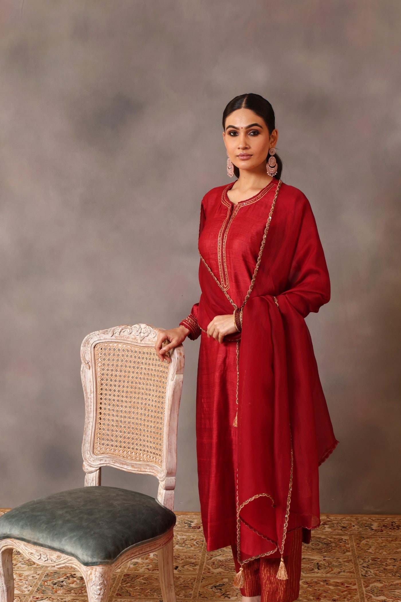 Hand Embroidered Haute Red Pure Tussar Georgette Kurta Pants Set