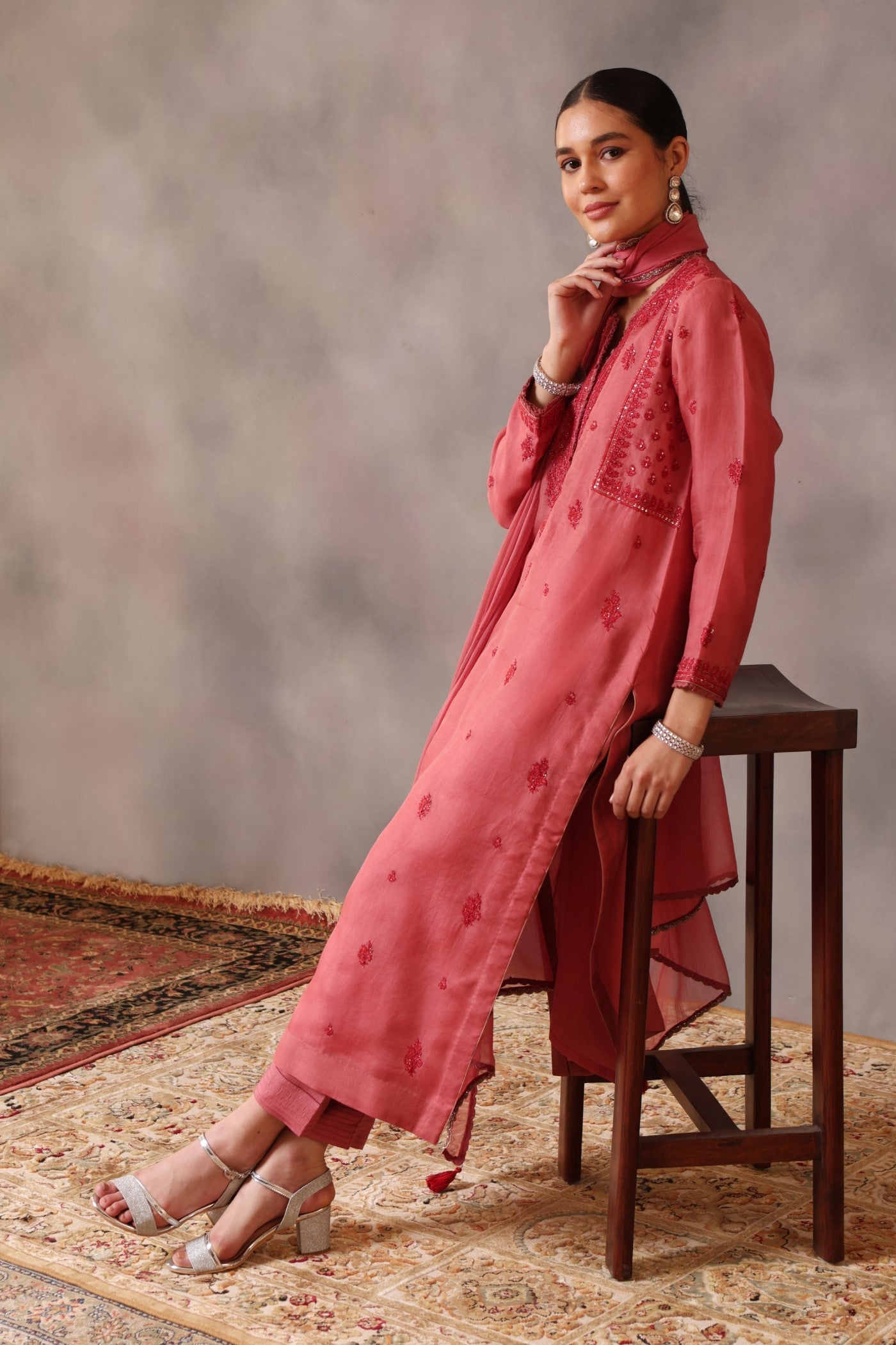 Hand Embroidered Rapture Rose Pure Silk Organza Kurta Pants Set