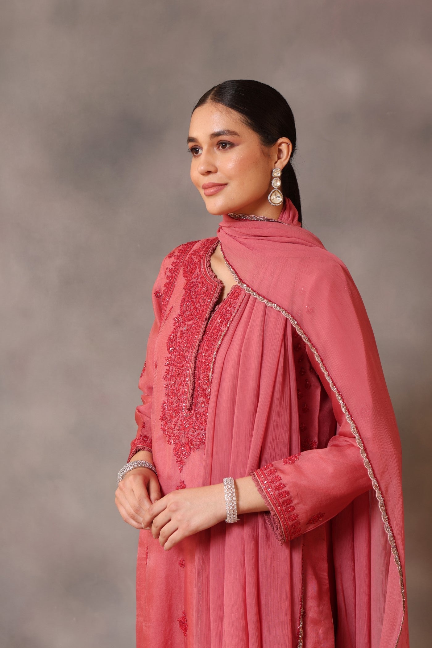 Hand Embroidered Rapture Rose Pure Silk Organza Kurta Pants Set