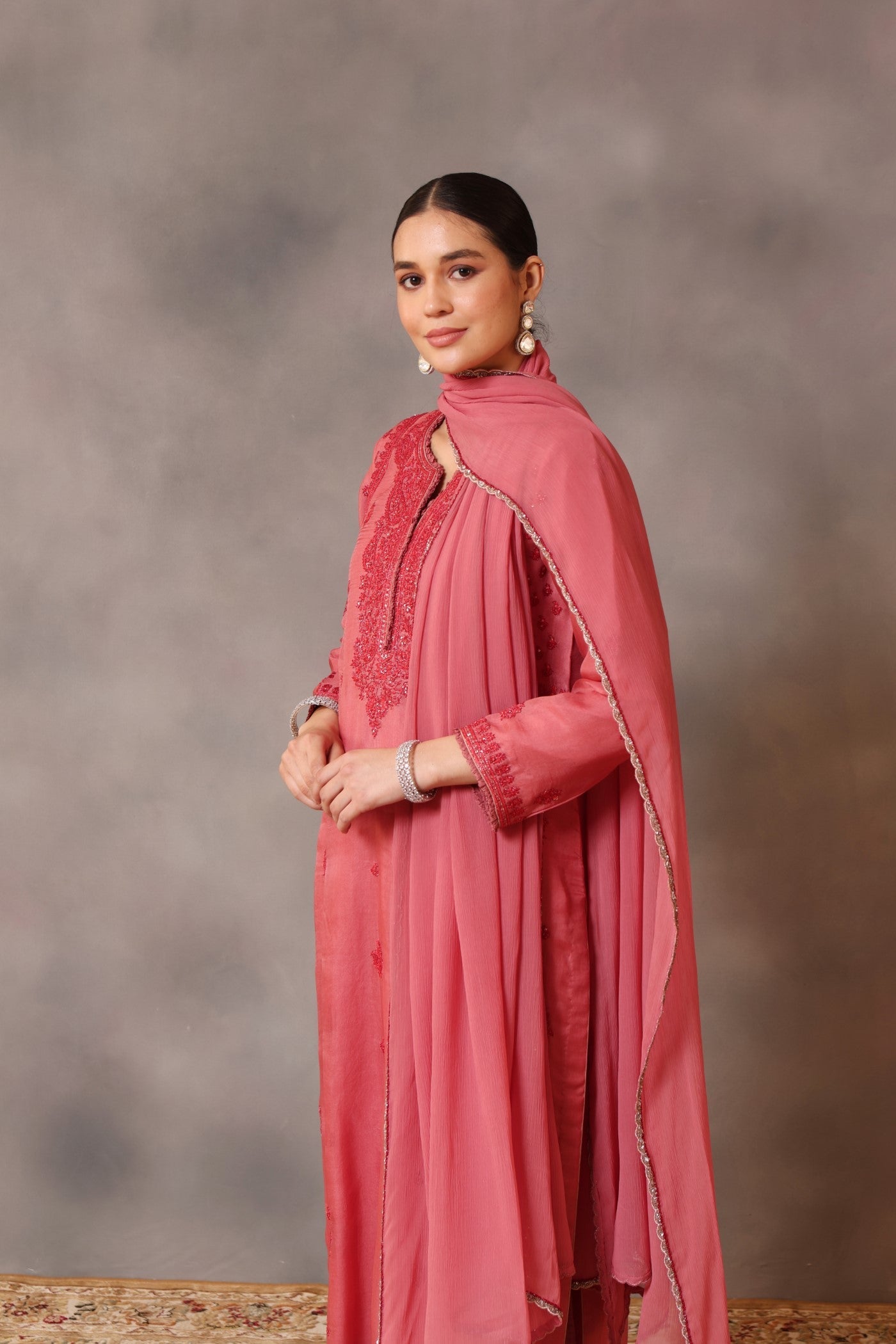 Hand Embroidered Rapture Rose Pure Silk Organza Kurta Pants Set