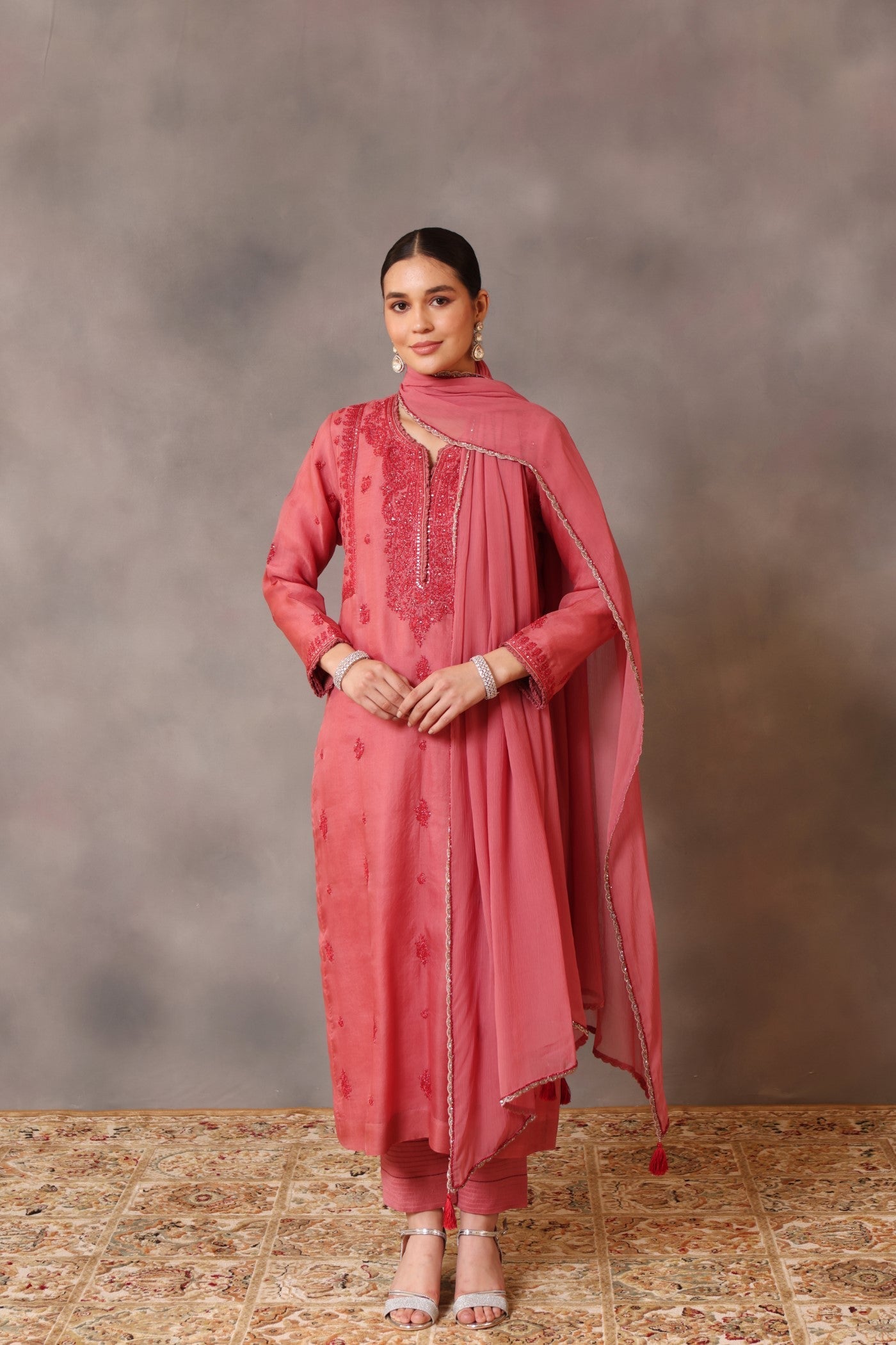 Hand Embroidered Rapture Rose Pure Silk Organza Kurta Pants Set