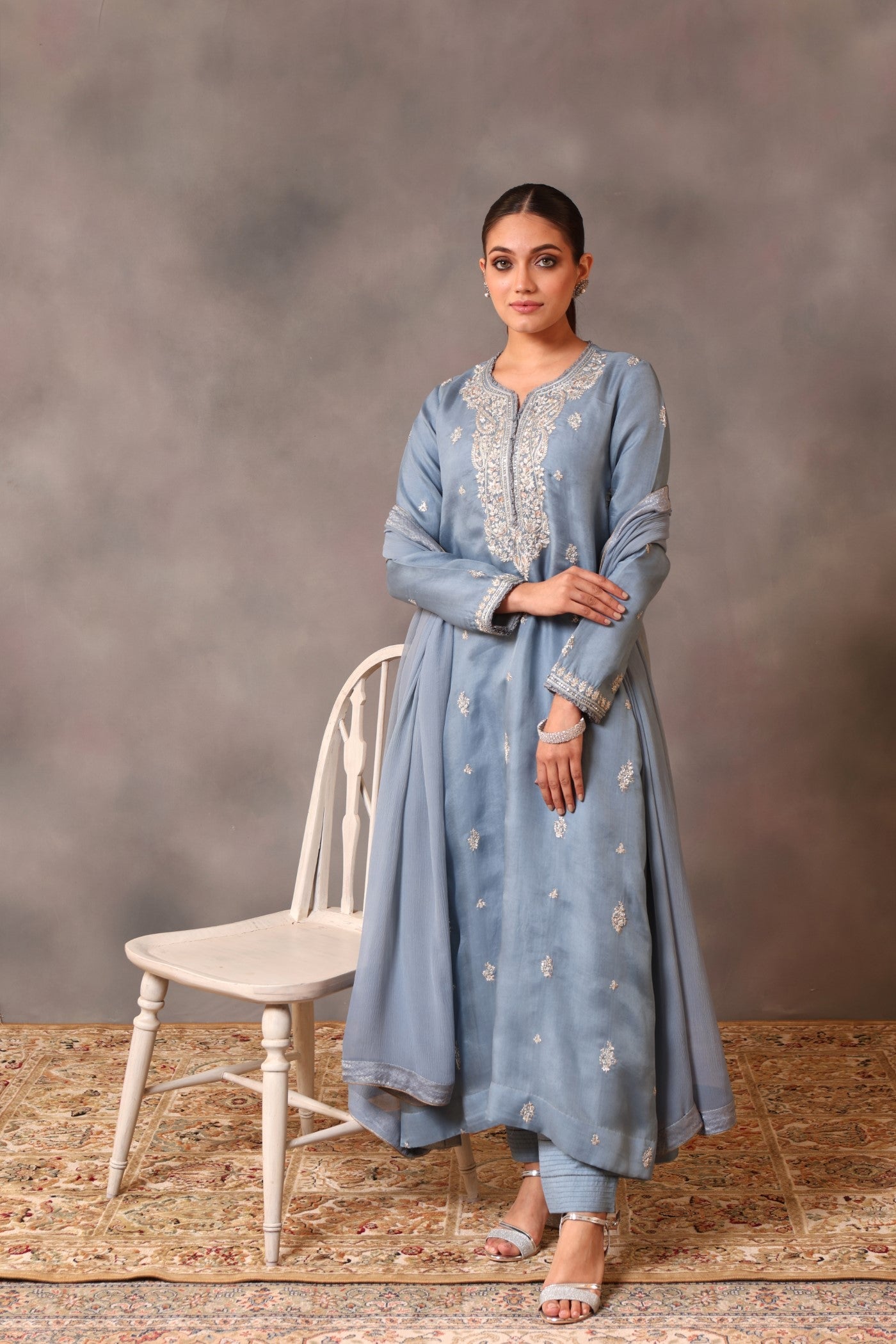 Hand Embroidered Airy Blue Pure Silk Organza Kurta Pants Set