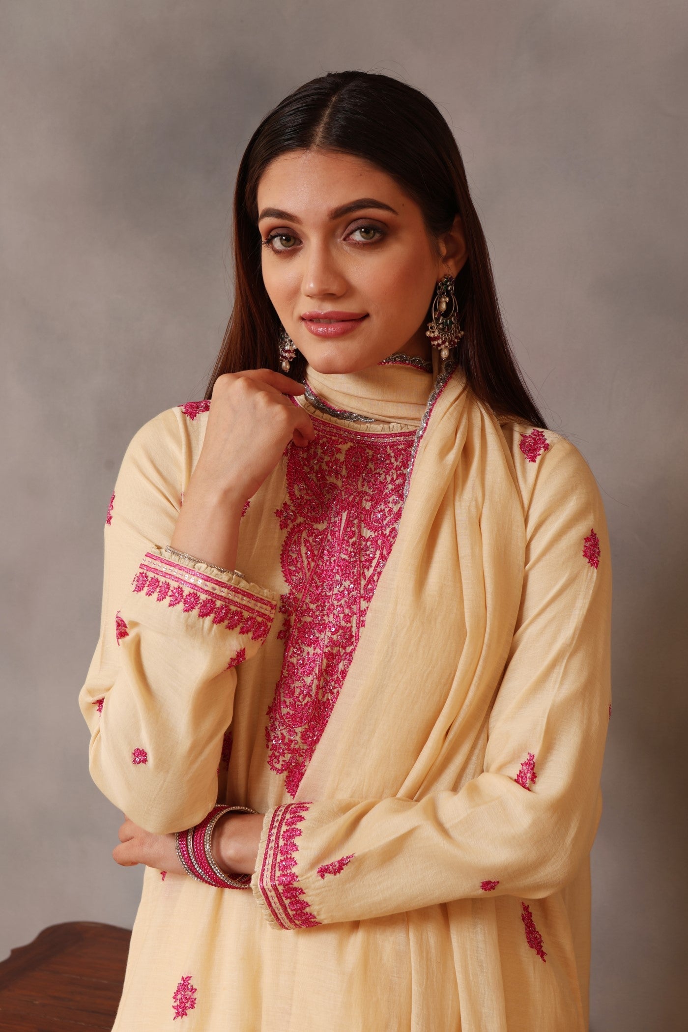Hand Embroidered Ecru Pure Cotton Silk Kurta Pants Set