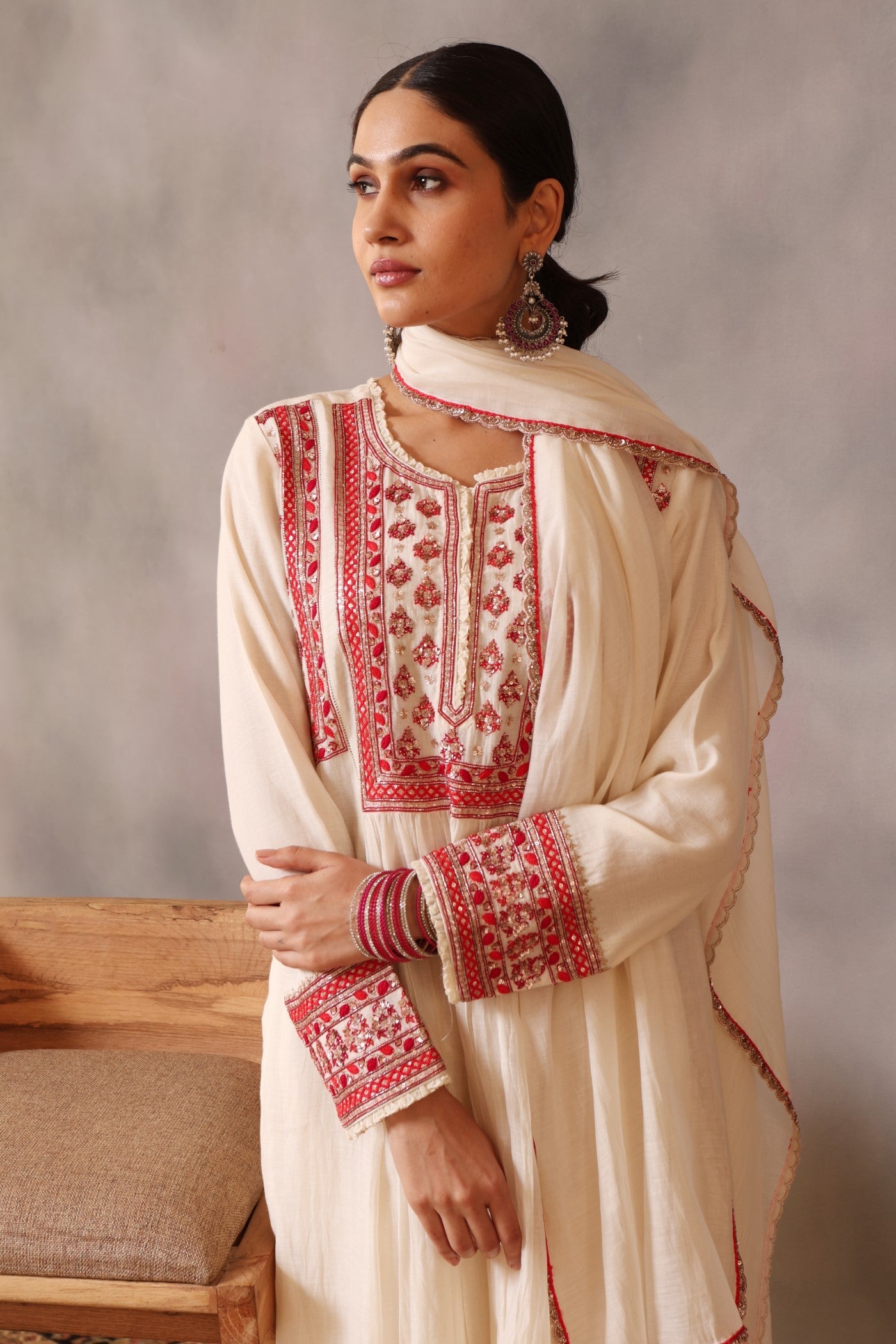 Hand Embroidered Ivory Pure Cotton Silk Kurta Pants Set