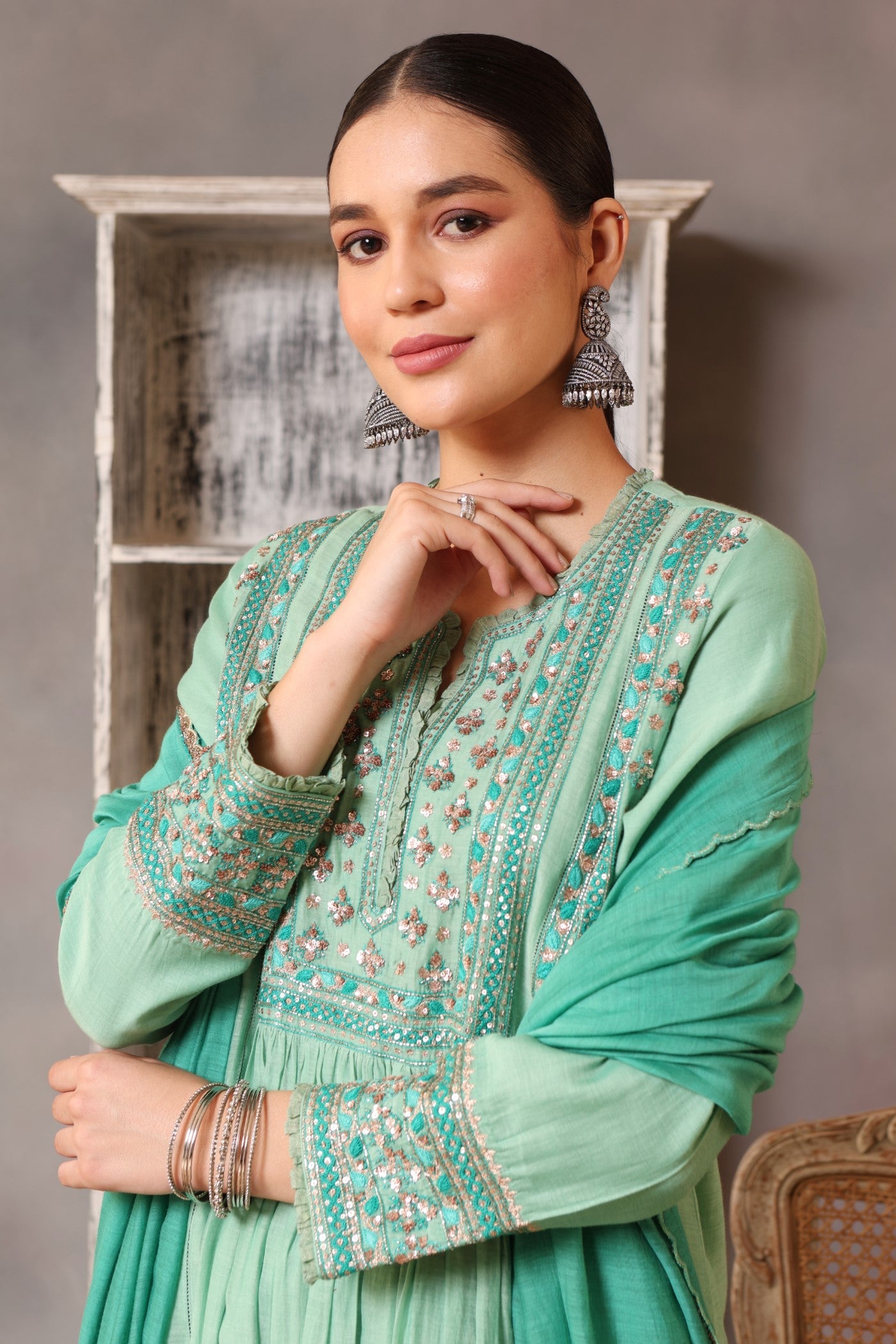 Hand Embroidered Neptune Green Pure Cotton Silk Kurta Pants Set
