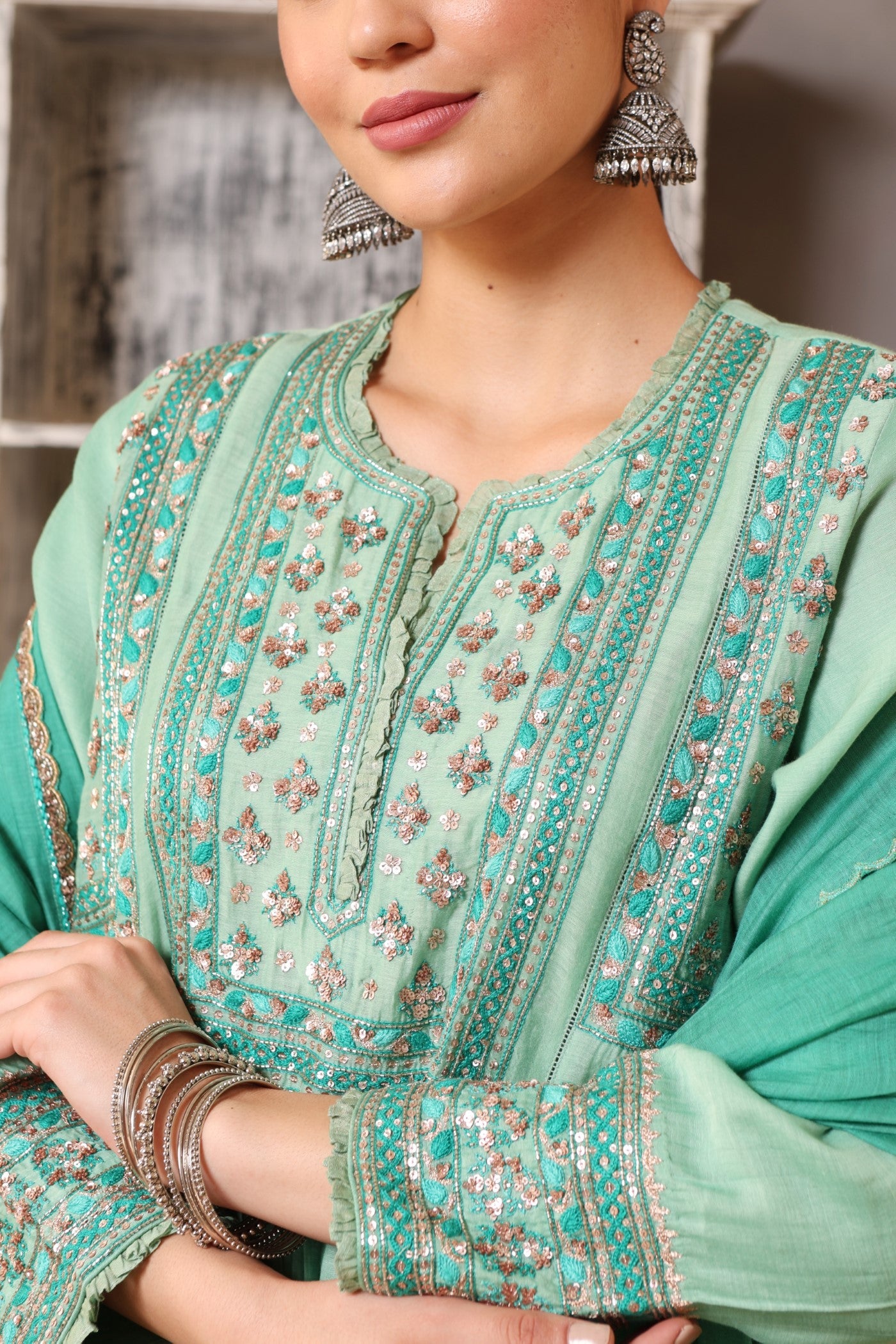 Hand Embroidered Neptune Green Pure Cotton Silk Kurta Pants Set