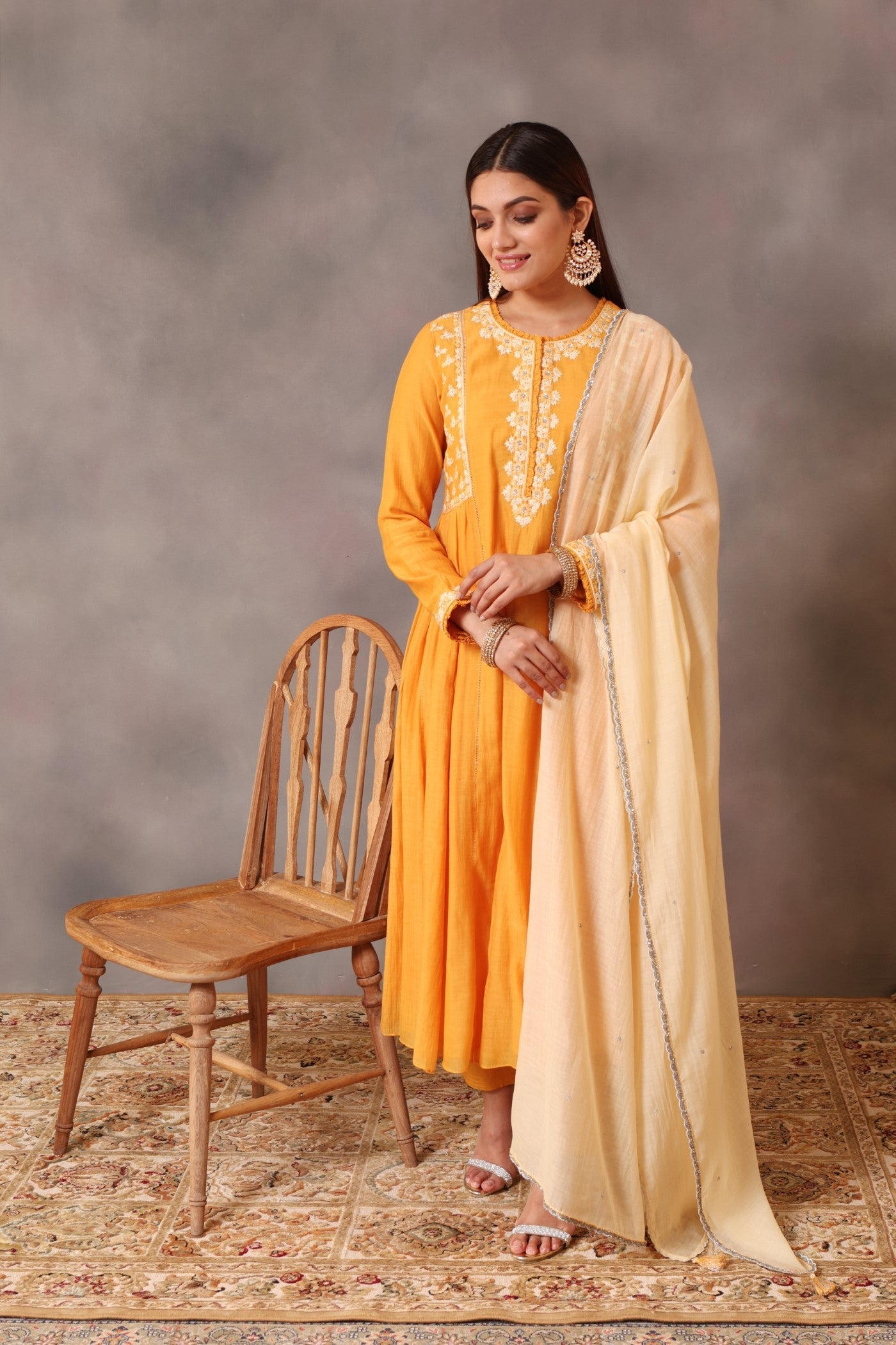 Hand Embroidered Mango Yellow Pure Cotton Silk Kurta Pants Set