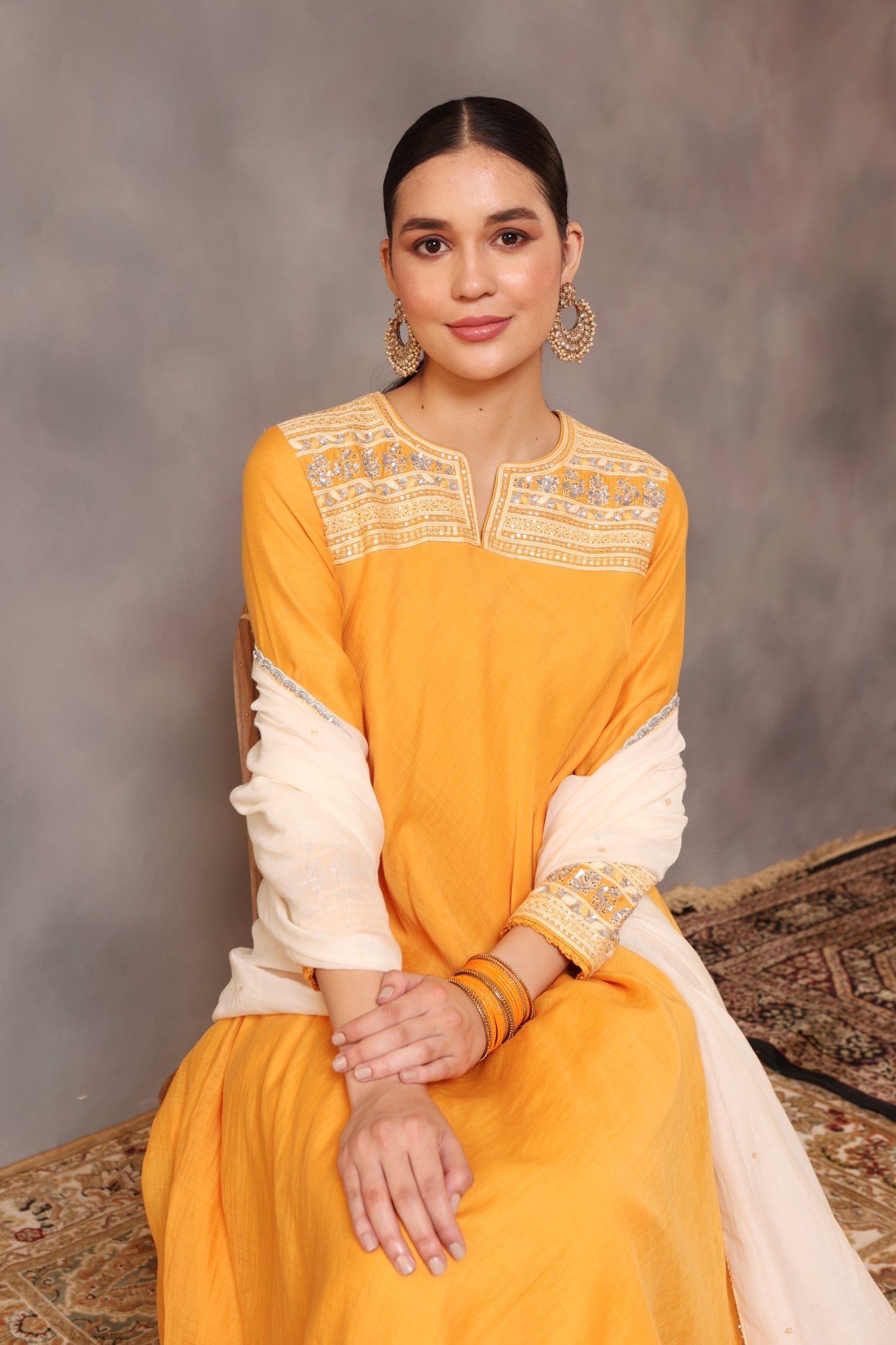Hand Embroidered Mango Yellow Pure Cotton Silk Kurta Pants Set