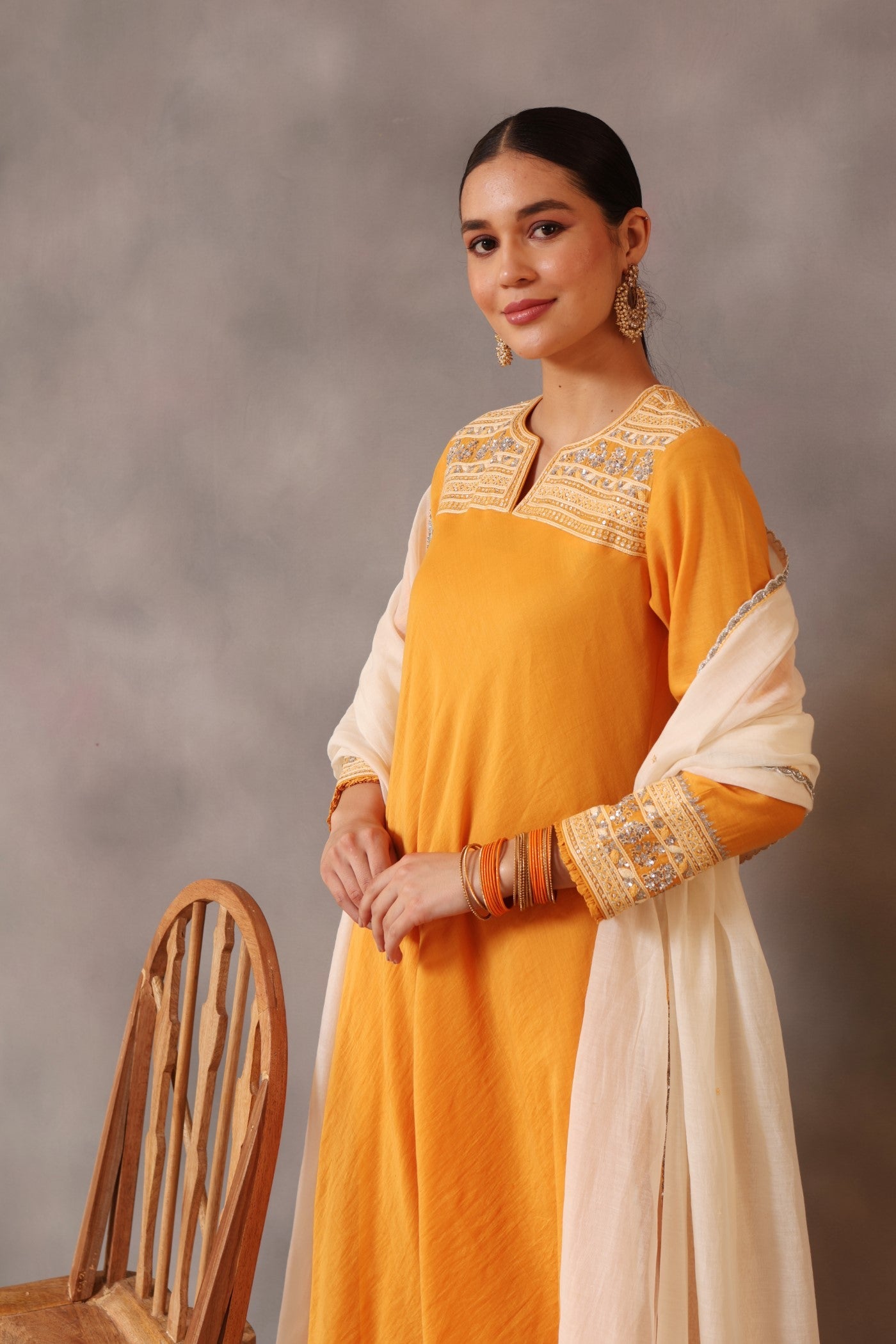 Hand Embroidered Mango Yellow Pure Cotton Silk Kurta Pants Set