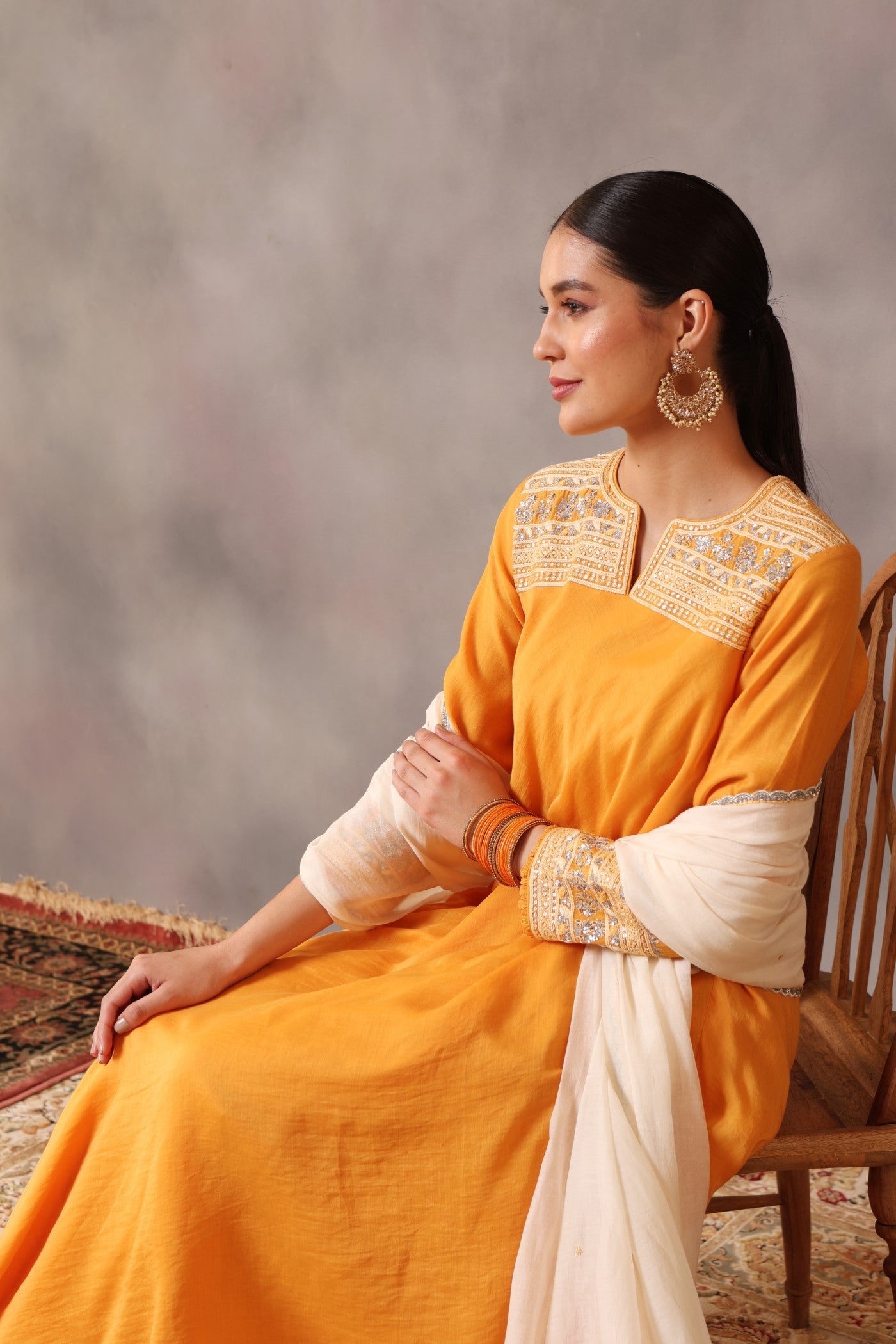 Hand Embroidered Mango Yellow Pure Cotton Silk Kurta Pants Set