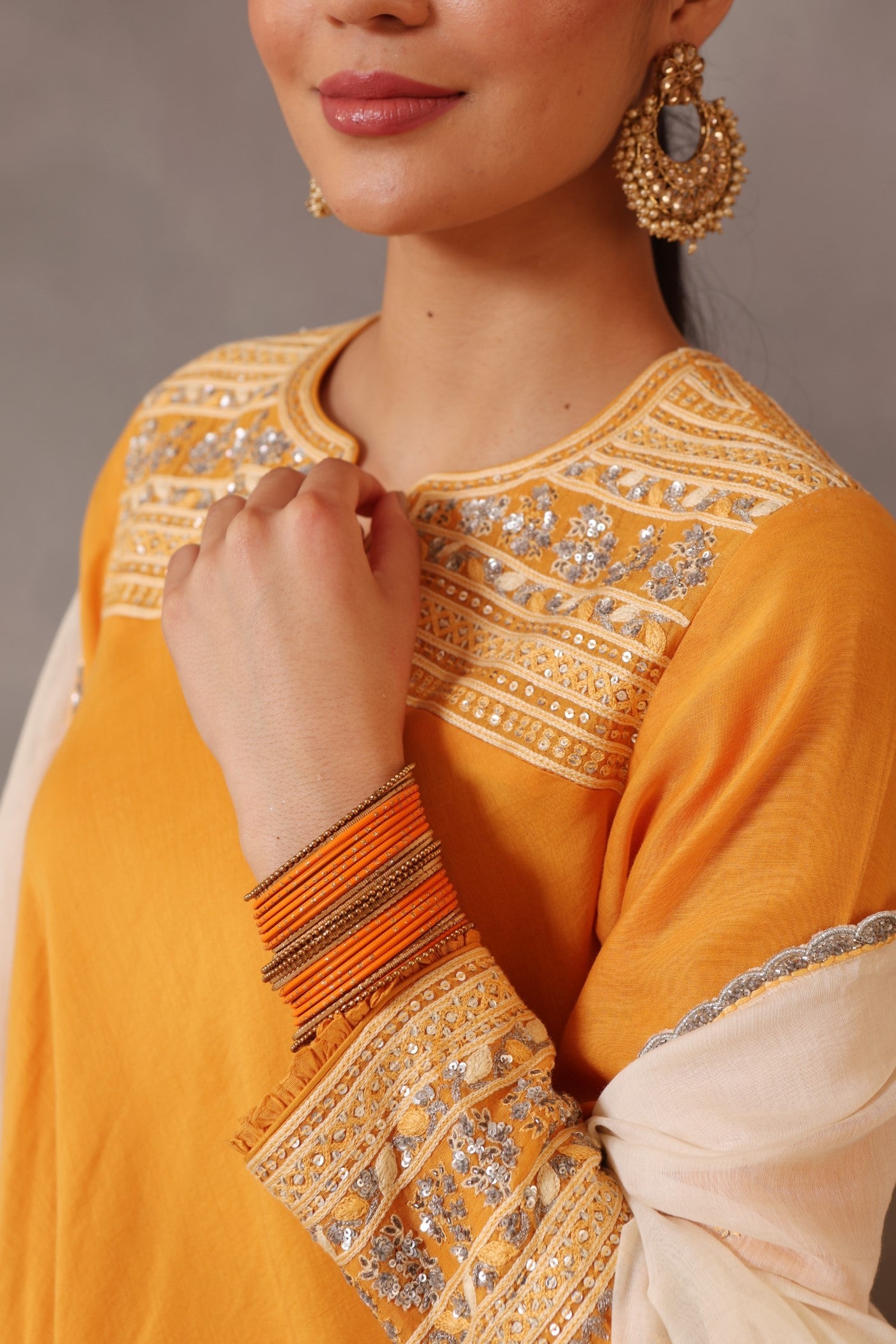Hand Embroidered Mango Yellow Pure Cotton Silk Kurta Pants Set